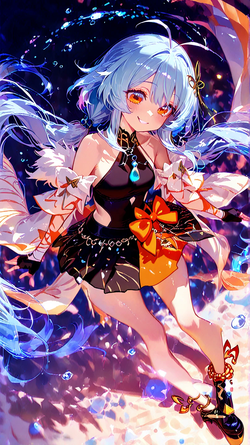1girl,solo,19 years old,long-blue_hair,high-ponytail,blue-eyes,(tall-stature:1.2),flat-chest, Blue sequin bikini. Large, colorful feather samba decorations on the back and head. blue sequin boots, rio de janeiro,