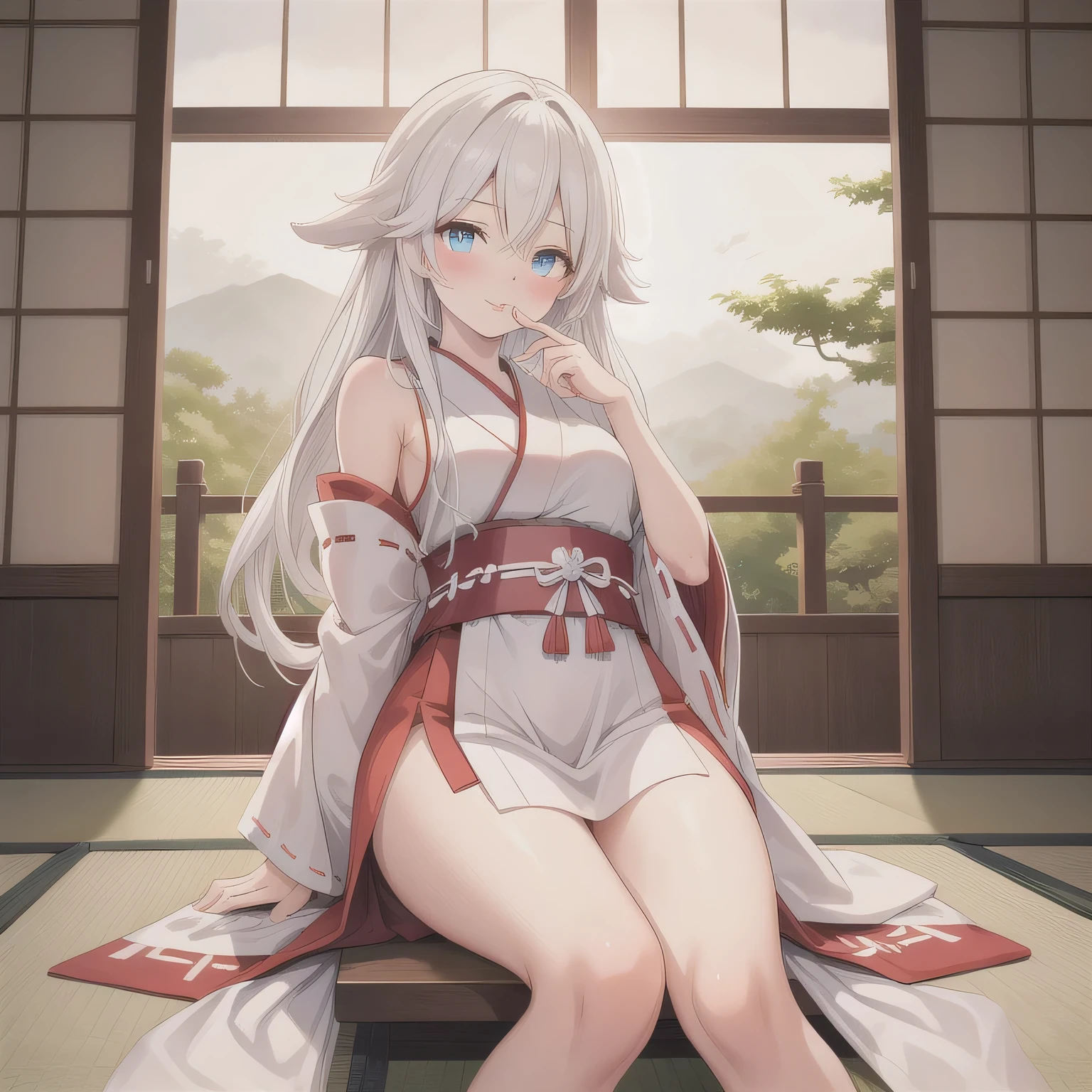 1 girl, smile, shirt, skirt, (small) chilarism, Japan high school student, priestess, vermilion hakama, New Year's bite, (portrait from knee up),