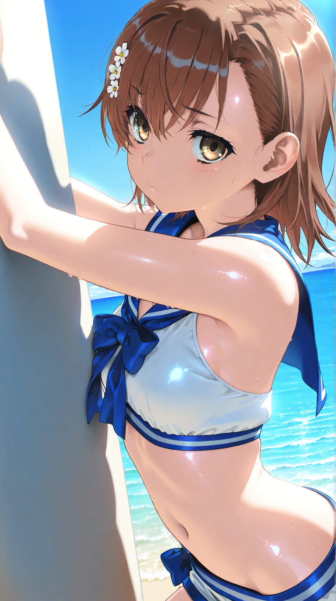 (((pixel-perfect, detail-perfect))), solo, 1girl, you watanabe, eyes azzur, smile, bikini, summer beach, armpit, big filesize, ultra High Qality