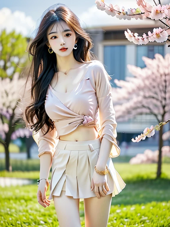 ((highest quality、8K、masterpiece:1.3))、sharp focus:1.2、(genuine、photogenuineistic:1.37)、(shining smile:1.2)、beautiful face woman、28 years old、pointed chest、long eyelashes、colored contact lenses、big breasts 、delicate、very fine eyes、highly detailed eyebrows、(sharp eyebrows)、(thin eyebrows).highly detailed face、(((beautiful feet:1.3)))、((beautiful breasts:1.3)、(brunette tousled hair)、(28 years old女性:1.2)、 (very detailed), (Bright colors), (attractive texture), (modern aesthetics), (Artistic talent), (creative composition), (unique concept), (High quality illustrations), (professional artistry), (bold outline:1.2), (captivating gaze), (Contemporary style), (Eye-catching design), (whole body:1.3), school uniform,(AKB style costume:1.2),mini skirt,(Absolute area:1.3),(idol stage:1.3),cherry blossoms,AKB style idol costume,🌸 🌸 🌸 🌸 🌸 🌸 🌸 🌸 🌸