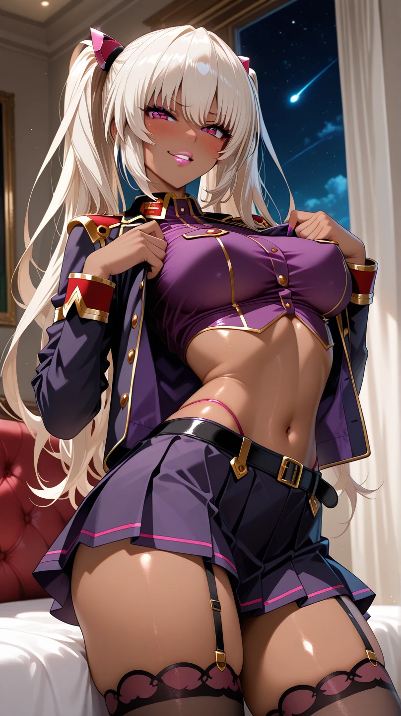 masterpiece, thight stockings, evil smile, sterm expression, light blush, looking at viewer, huge breasts, precise hands, sexy pose, aurelia le guin, long hair, crown braid, french braid, cheerleader, crop top, microskirt, underboob, thight stockings, detailed stadium in the background, cape