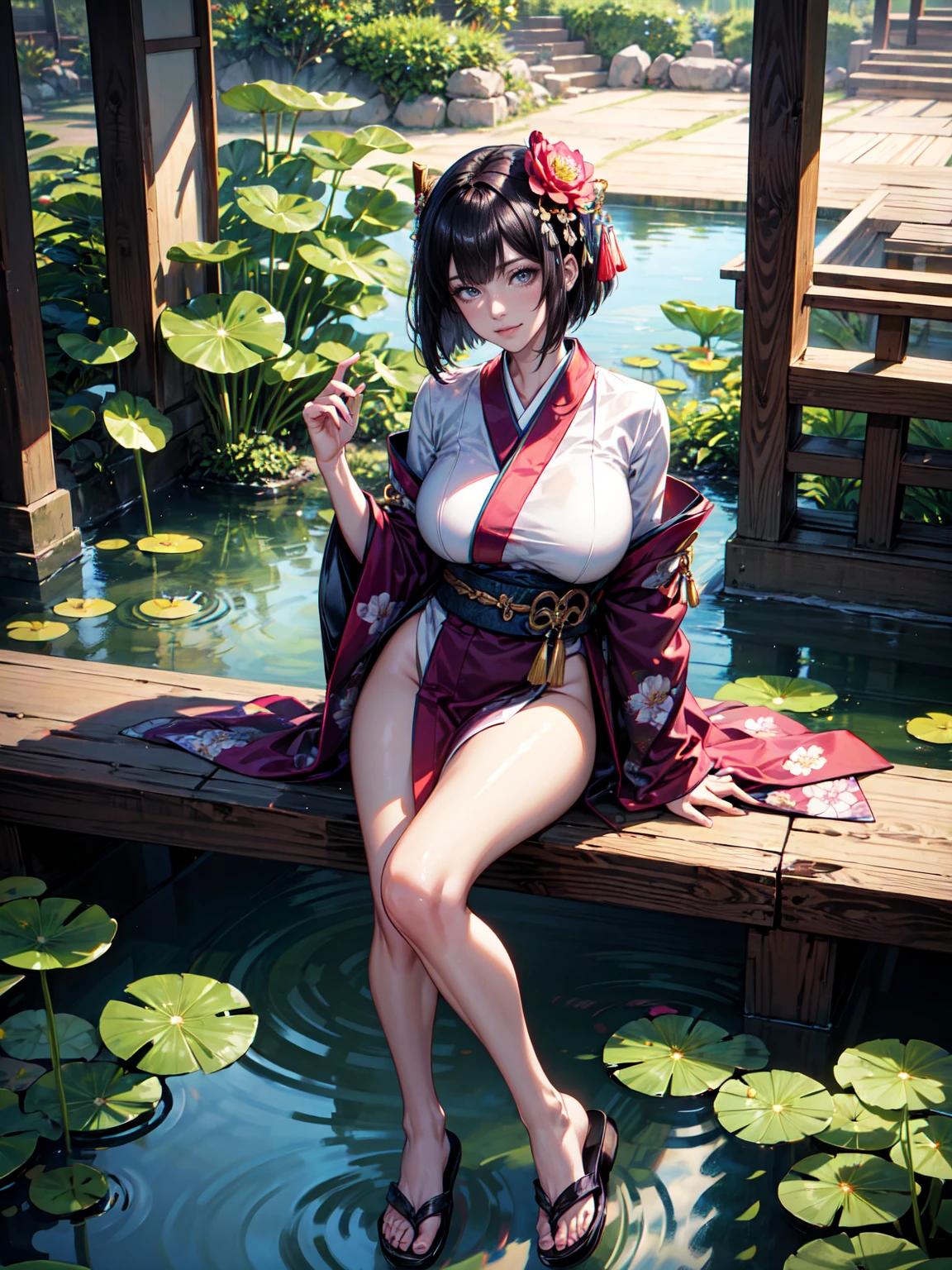 Masterpiece, Top Quality, Young Girl, Japan Girl, Realistic, Pretty, Pretty Girl, Delicate Girl, Double and Large Eyes, Eyes Red, Big Mouth, Thick Lips, Bob Cut and Color Silver, Outstanding Style, 18 Years Old, White Themed, Bikini, Floral,