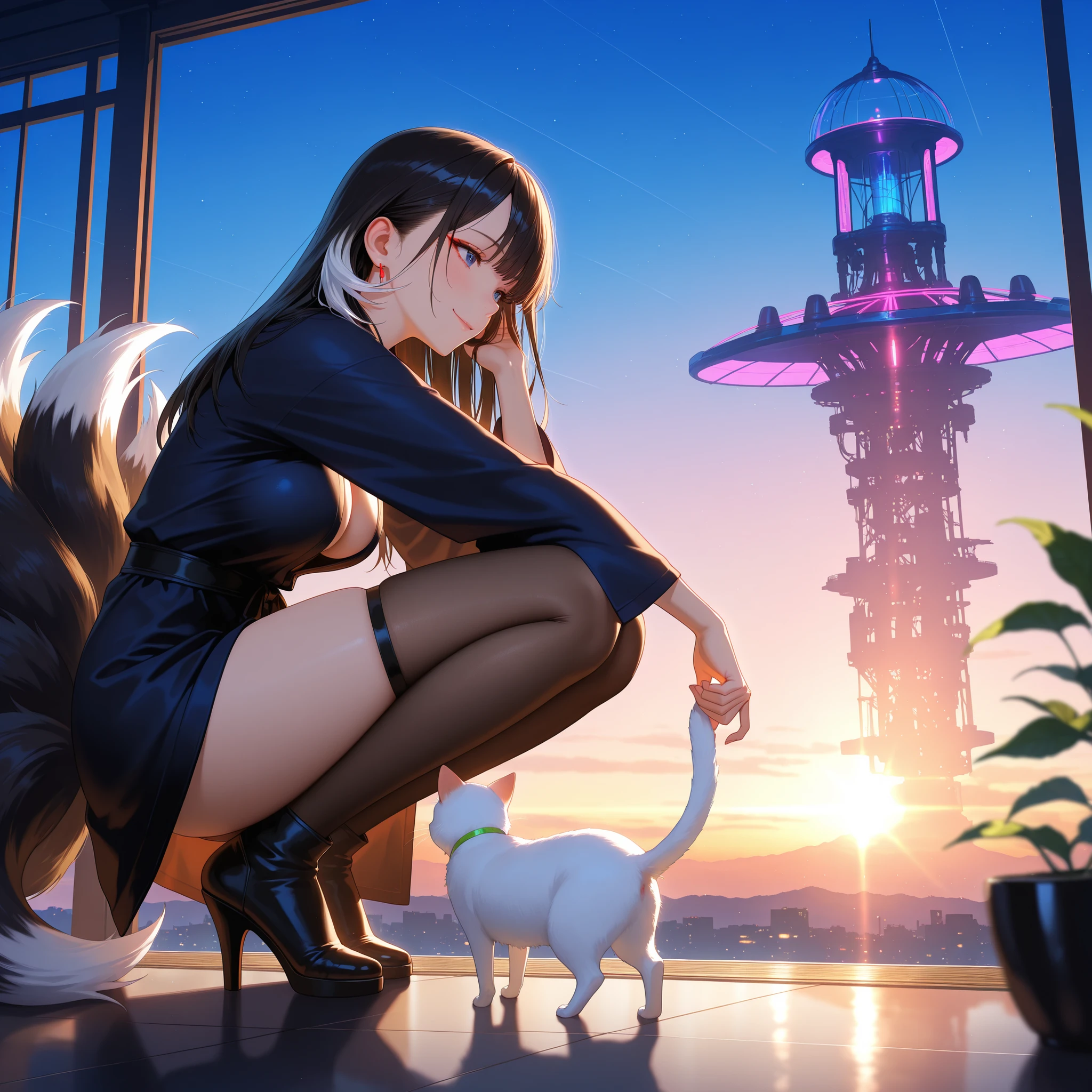 masterpiece, best quality, vibrant, very aesthetic, high contrast, semrealistic, newest, 1girl, solo, front side view, full body image, long hair, black hair with white tips, skindentation, cyberpunk fox woman, nine tails black fur white tips, sunrise, glare, silhouette, sultry robe, medium breasts, clevage, serene smile, putting her hair behind her ear, crouching pat cute white cat, a lush futuristic dome greenhouse floating in the sky, wires, pods, CyberpunkDetails