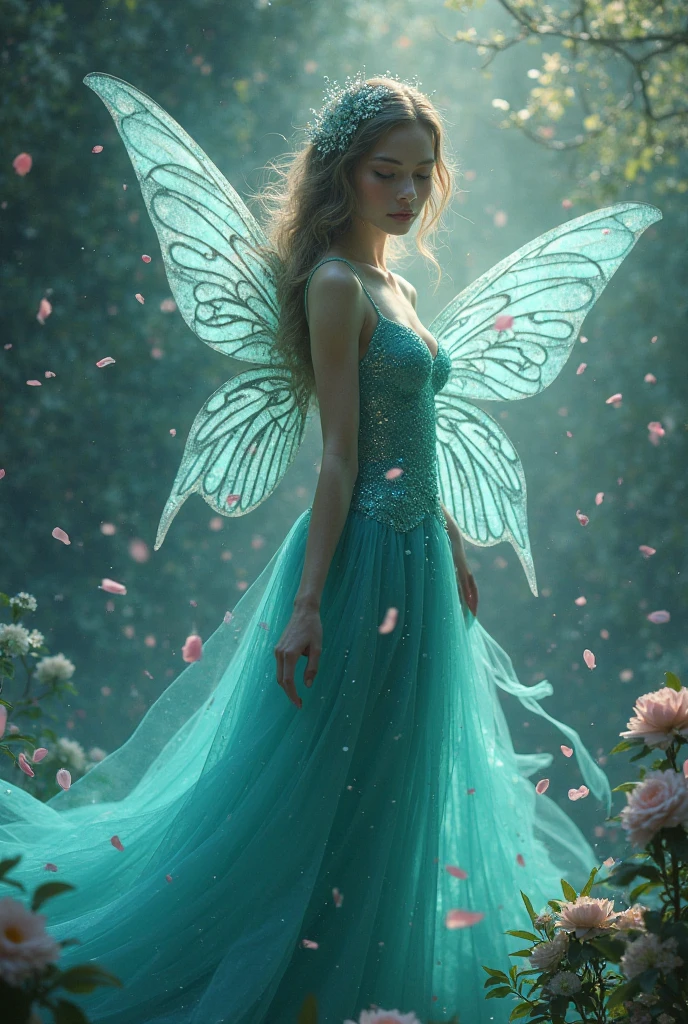 Color photo of a mysterious flower fairy with transparent colorful wings, sit in the light of god, With neon lights, Have a magic wand,Axisymmetric, And a great background.Silver Dress, High heels, Flower Crown, Starry sky background, A gentle yet mysterious expression, Nikon Z7 II Camera, Fujifilm Velvia 50 Film, 50mm lens, High saturation, Tim Walker, David LaChapelle, Sofia Coppola, Valentino, Alexander McQueen