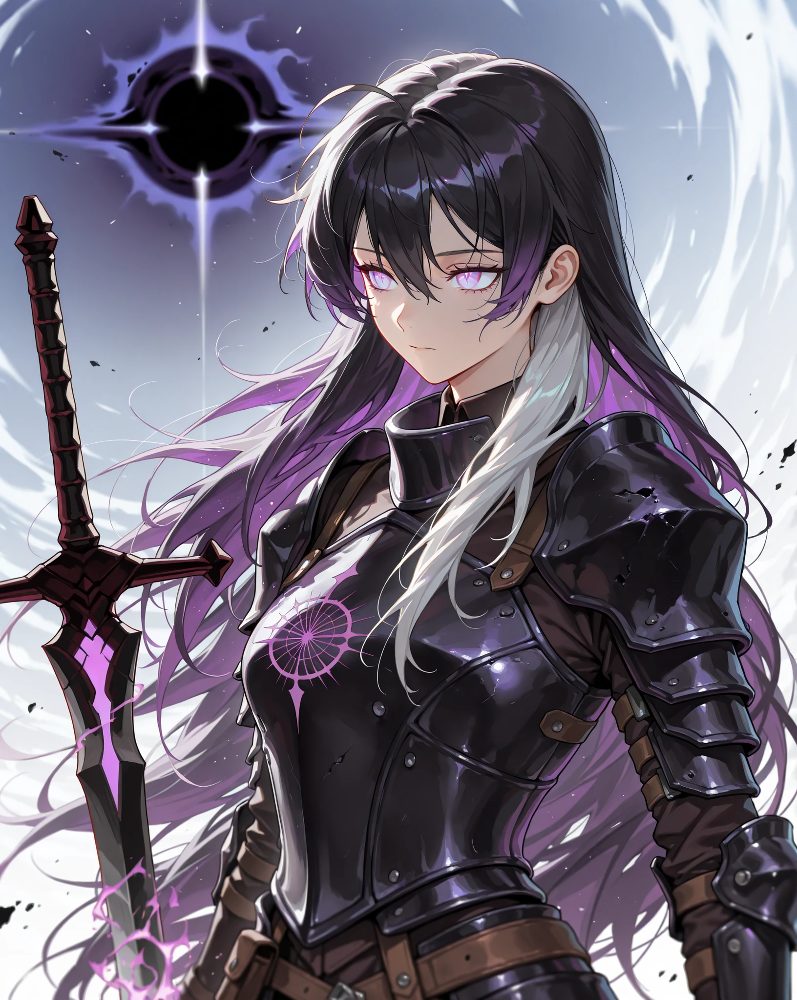 style of [arknights|(748cmstyle:0.5)], deep abyss, dark abyss, cosmic abyss, cinematic shot, mature, young adult, masterpiece, best quality, amazing quality, very aesthetic, high resolution, ultra-detailed, absurdres,
1girl, woman, solo, alone, (from the side:0.12),(upper body focus, close up, medium shot:1.2), (wraith:1.44), ghostly form, smoke form, cosmic eyes, kiana kaslana, flame, burning clothes, very long hair, (KianaHi3, Fol005, Kia_Hof:0.32), black hole, void powers, void magic, black hole magic, broken damaged templar, Goth girl, purple void lightning aura magic, wielding elven curved heavy saber, saber, runic sword, runic armor, tattoo, glowing tattoos, white hair, black hair, purple hair, (gradient hair, multi tone hair, multicolored hair:1.4), tsurime, focus, galaxy eyes, purple tattoo, glowing tattoo, Dark Souls, expressionless, concealed face, novuschroma79 style, glitch art photo
BREAK, depth of field, volumetric lighting
 