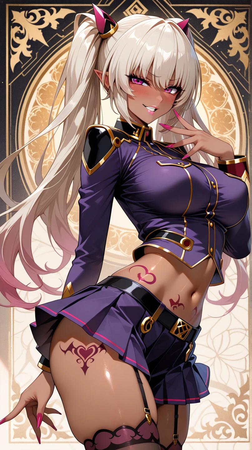 masterpiece, Highest quality, One adult woman,Very detailed,Rin々Nice face,Open Mouth Smile,White, pink, and purple adventurer uniform,Medieval Europe,Show your armpits,Black eyes,The dignity of a hero,tattoo,Cape,Legs visible through the skirt,Natural Beauty,Cinematic,Medium cleavage,