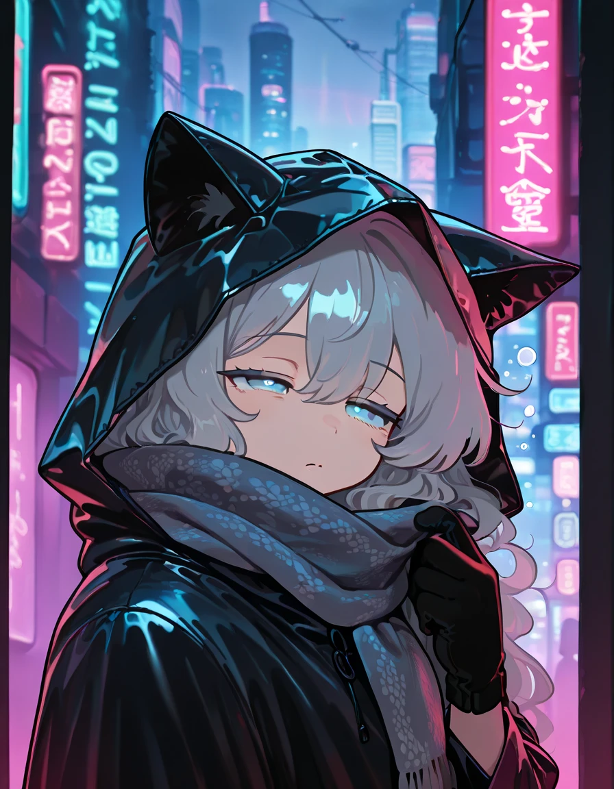 1人of少女, solo, ,(night_null), (short_length_white_hair), short, (green_eye), Medium_chest, (Cat ear), (黒色ofCat earパーカー), (Portrait), Shine_eye, background_Light, (Cityscape:1.5), (neon_Lights:1.2), ((masterpiece)), (there is nothing), (Highest_quality), (very_detailed), (original),(Delicate background),(Very detailed 8k wallpaper),cinematlic Lighting, Volumetric Lighting, Light Particle, 陰影ofある_face, beautiful_eye, depth_of_Field、point of view, very_cute, (View your viewers)