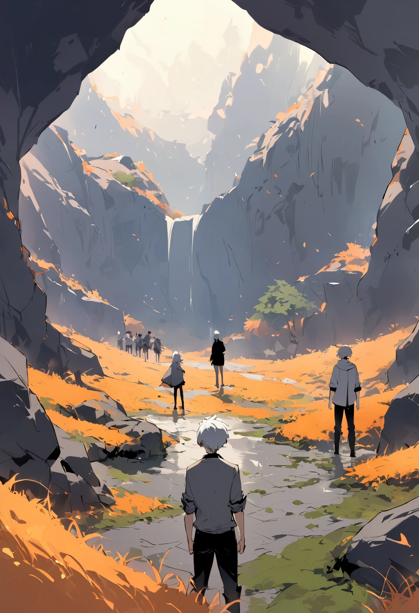 (two boys and two girls with white hair, a group of four with grey jackets with rolled up sleeves and a black pants, standing still, looking at the cave), the environment is a large cave, with dark purple cubic crystals on the ground and the side, orange grass and moss, with grey rock, view from farr away