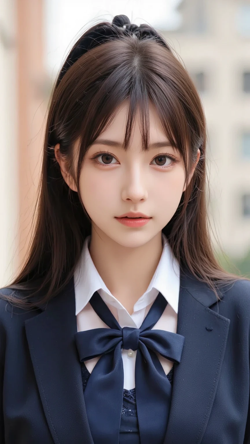 ((highest quality、(NSFW、((Super realistic beautiful face))、highest quality、masterpiece、ultra high resolution、8K、highest quality、Drawn details)、(I photographed the whole body)、(tilt one side'head of)、17-year-old high school girl、Very slim and beautiful style、Navy blue blazer uniform、Full body nudity、Showing off super realistic beautiful breasts、Depiction of nipples、Lower body full nude、ribbon tie、Beautiful girl with black hair、Straight long hair with black hair、strong wind blowing、fluttering hair、Show ears、、Scenery behind the school building、Wind behind the school gymnasium、