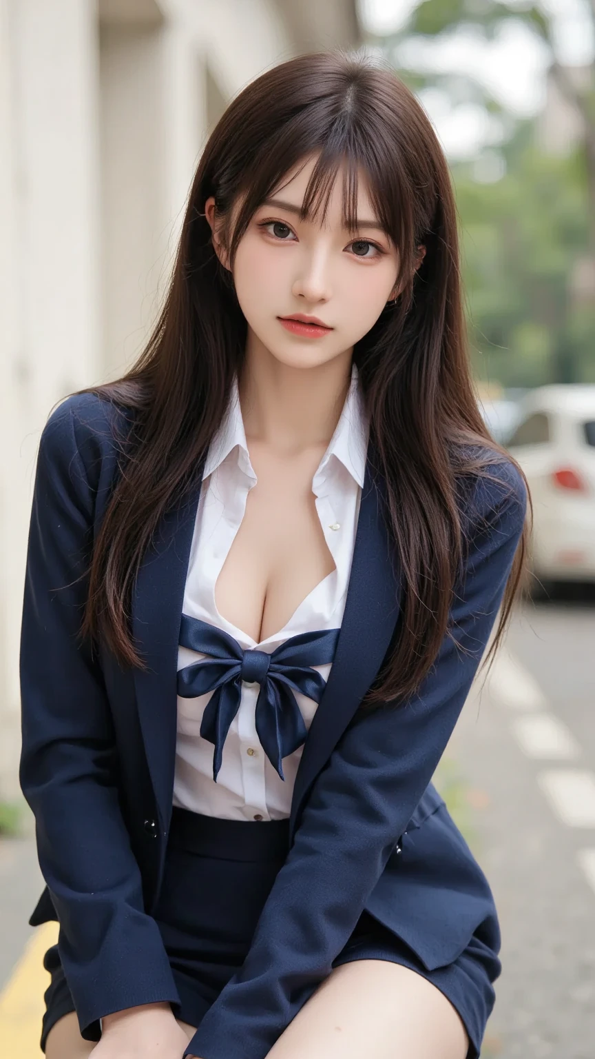 ultra highres,(reality: 1.4),highest quality, masterpiece, high detail, 16K quality, beautiful, 1 beautiful girl,japanese,super beautiful face,baby face,japanese idol face,cute face,super detailed face,detailed hand,beautiful skin,oily skin,big eyes,profeccional lighting,long hair,brown hair,black beautiful eyes, big smile,sitting with knee up, spread legs, (skirt lift),big breasts,navy blue blazer,see through white shirt,open button,cleavage,(checked skirt),white panties,(showing panties),cameltoe,black high socks,she is looking at the camera,skyscraper rooftop, blue sky,nsfw,from front,