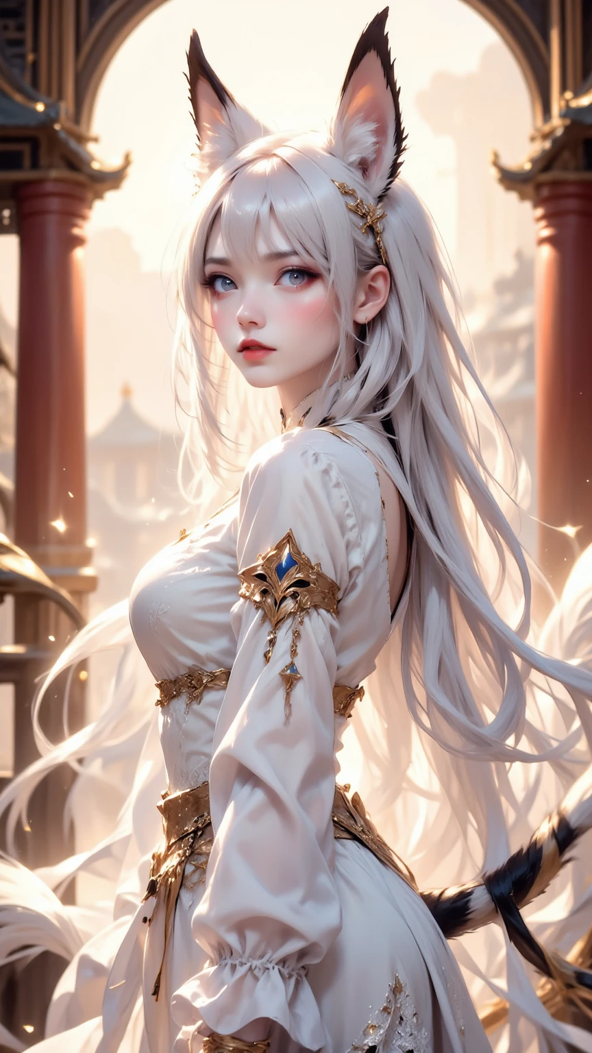 Masterpiece, Best Quality, Cinematic Photos, Digital Artwork Illustrations, Beautiful 22 Year Old Woman, Pale Skin, German, Dark Ginger Hair, medium Breasts, Bright Eyes, (((( ultra-thin see-through fabric)))), crop top, a close up of a woman with white hair and a white mask, beautiful character painting, guweiz, artwork in the style of guweiz, yellow haired deity, by Yang J, epic exquisite character art, stunning character art, by Fan Qi, by Wuzhun Shifan, guweiz on pixiv artstation，sitting on the chair, wearing a big coat, hide the body