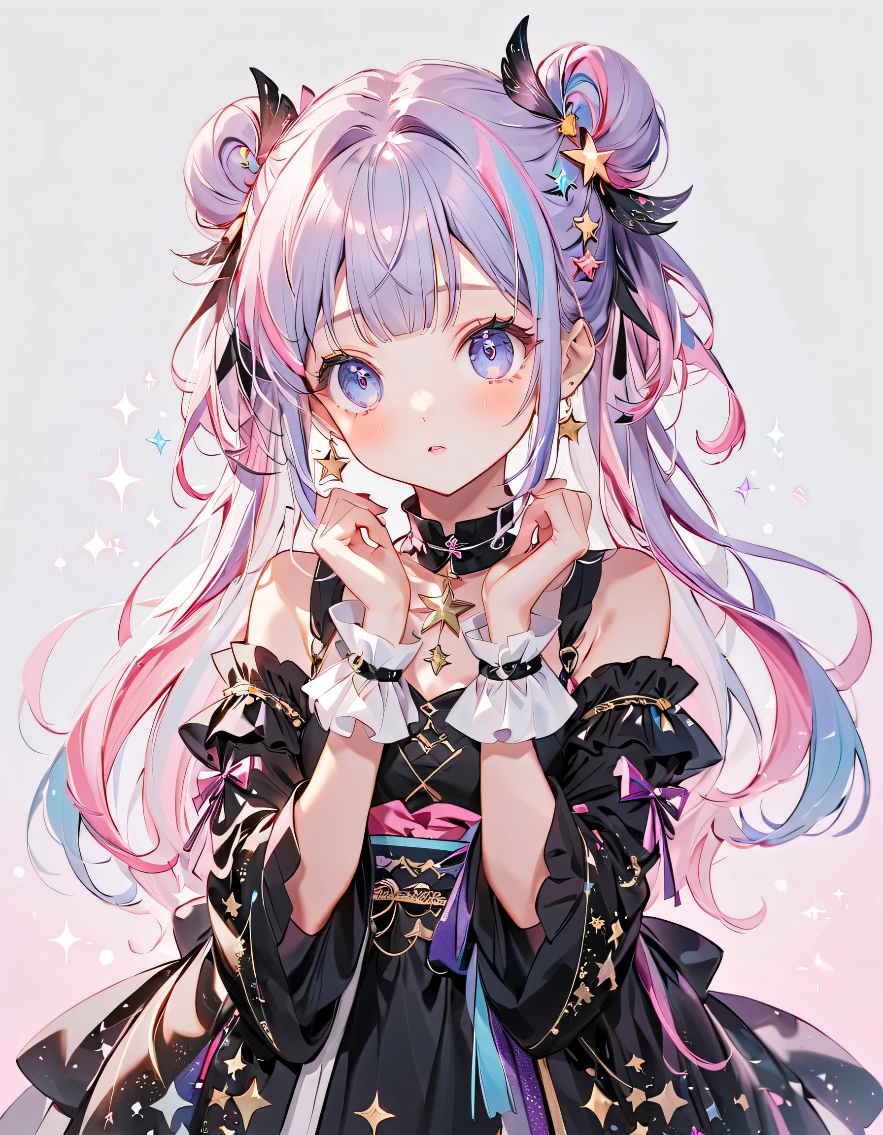 with the best details、 1 ,,Blink, ( hair color is milky white、The tips of the hair are blue)、 The cutest in the world ,(Ruffles on the collar 、please wear a colorful and cute gothic kimono costume ,showing shoulders、 Long and wide cuffs 、Clothes Patterns That Feel Like Space 、) Star Fairy ,please wear a colorful and cute gothic kimono costume with little fairy feathers growing from above your waist 、 simple background、 best details 、Rainbow Hair Ornament、 vtuber character design 、 glitter、sparkle、