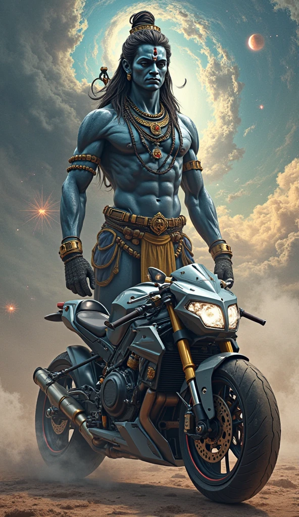 (highly detailed:1.3),male focus,purple skin,muscular,glowing eyes, riding a bullet bike