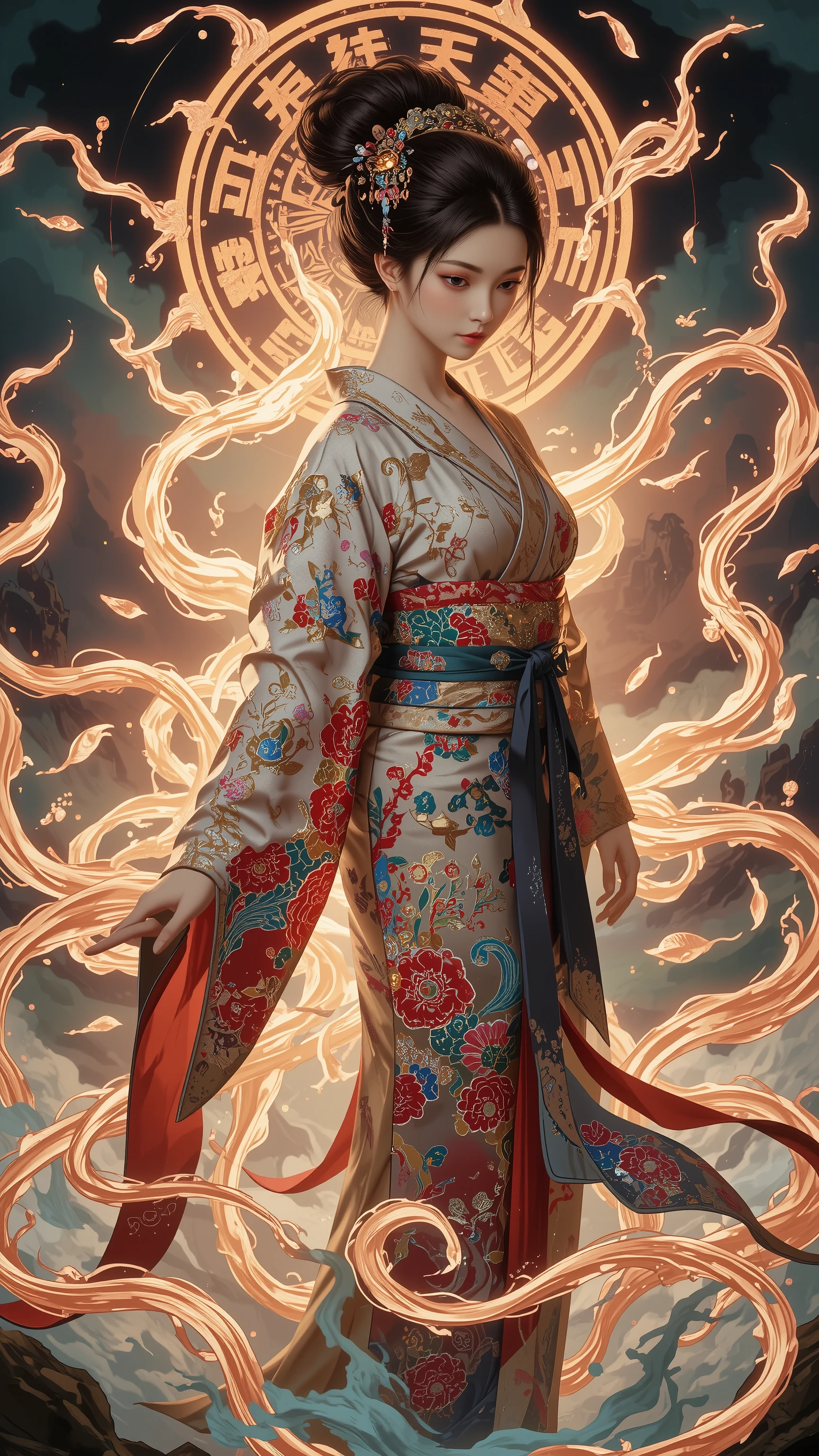 womanhood, kimono, Magic circle drawn with the kanji, Japanese-style magic circle drawn in kanji, Japanese Fantasy Art,