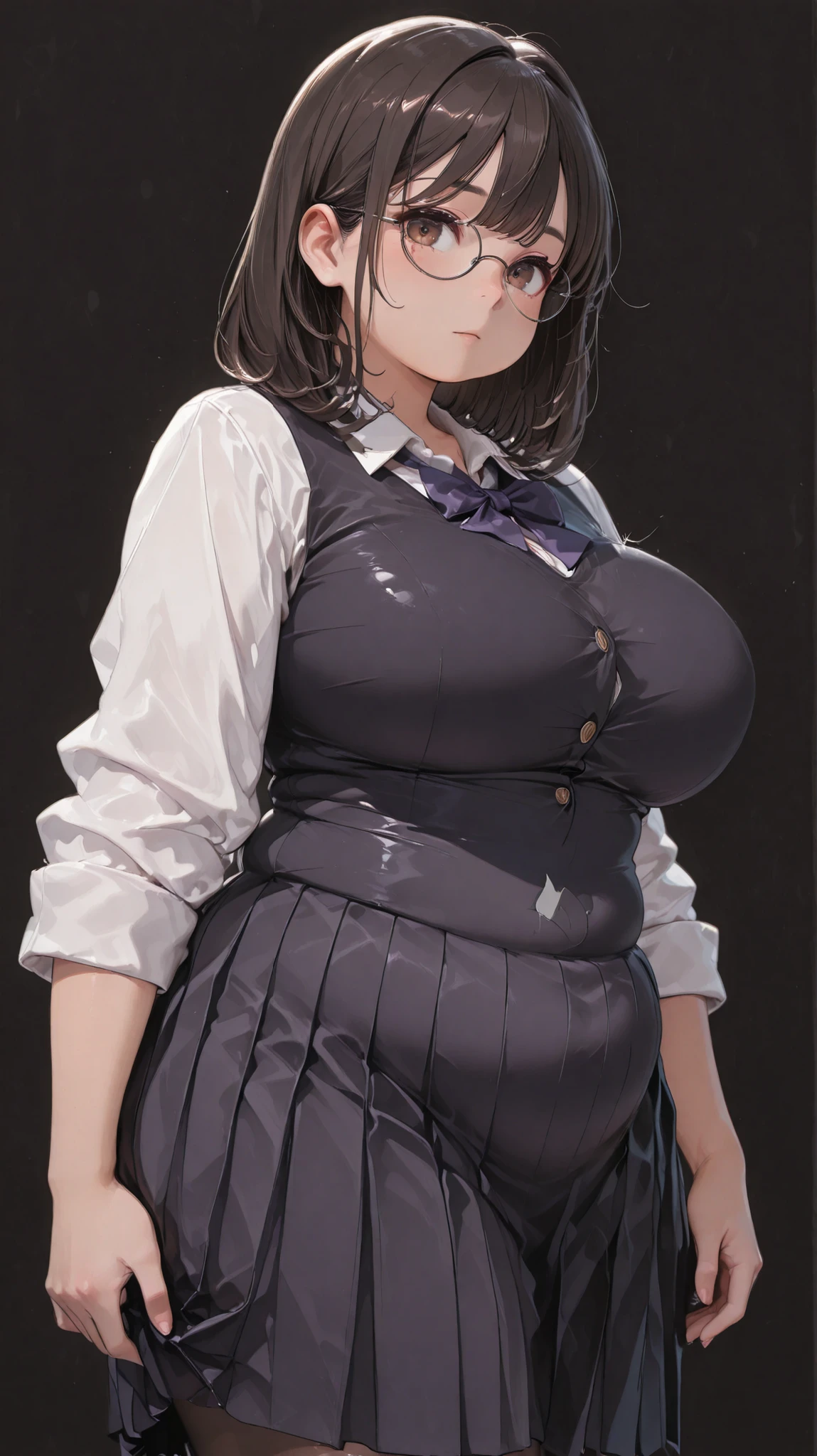 Shelley Gee, (masterpiece, Best Quality, high resolution: 1.2), , Alone, brown eyes、chubby body、Super Big Breasts、big waist、cylindrical body type、No facial expression、 jet black background 、dark haired、Fat body 、Bang、plump body、
pose with movement、big breasts、leotard、
medium hair、
pantyhose、bow tie、Pleated Long Skirt、angle from below、school