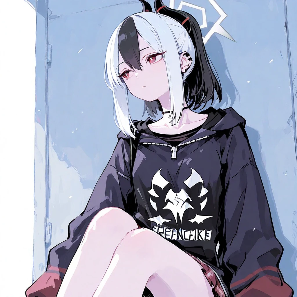 young woman, long white hair, black horns, black sweatshirt, short shorts