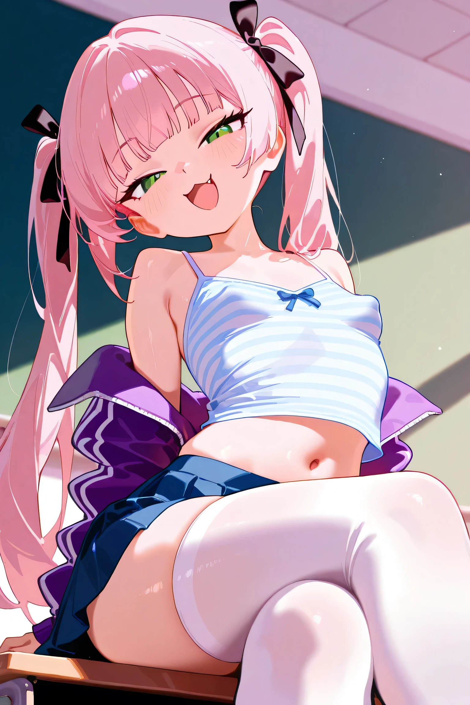 beautiful girl、16 years old、Girly Hair、Pink Room、Girly Fashion、Pleated skirt、Knee socks、Highest quality, smile,Sit with your legs apart、girly panties、Girly Bra、Sweaty buttocks、Sweaty crotch、Low Angle、Cowboy Shot