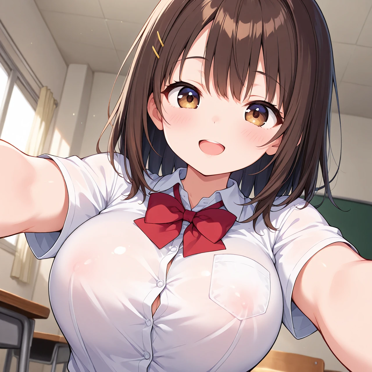 ((Tabletop, highest quality, High resolution,  Pixel Perfect, 4K))), One Girl,  beauty、The whole body is visible、 ((Mid-wave hair, bangs, Brown Hair)), ((Brown eyes, Beautiful eyelashes, Realistic eyes)), ((Detailed face, Blushing:1.2)), ((Smooth texture:0.75, Realistic texture:0.65, Realistic:1.1, Anime CG Style)), Center of chest, Dynamic Angle, Perfect body, ((NSFW)), classroom、Looking up from below、Very embarrassing panic smile, 、、( Exposing your buttocks....................)、My whole body is wet,