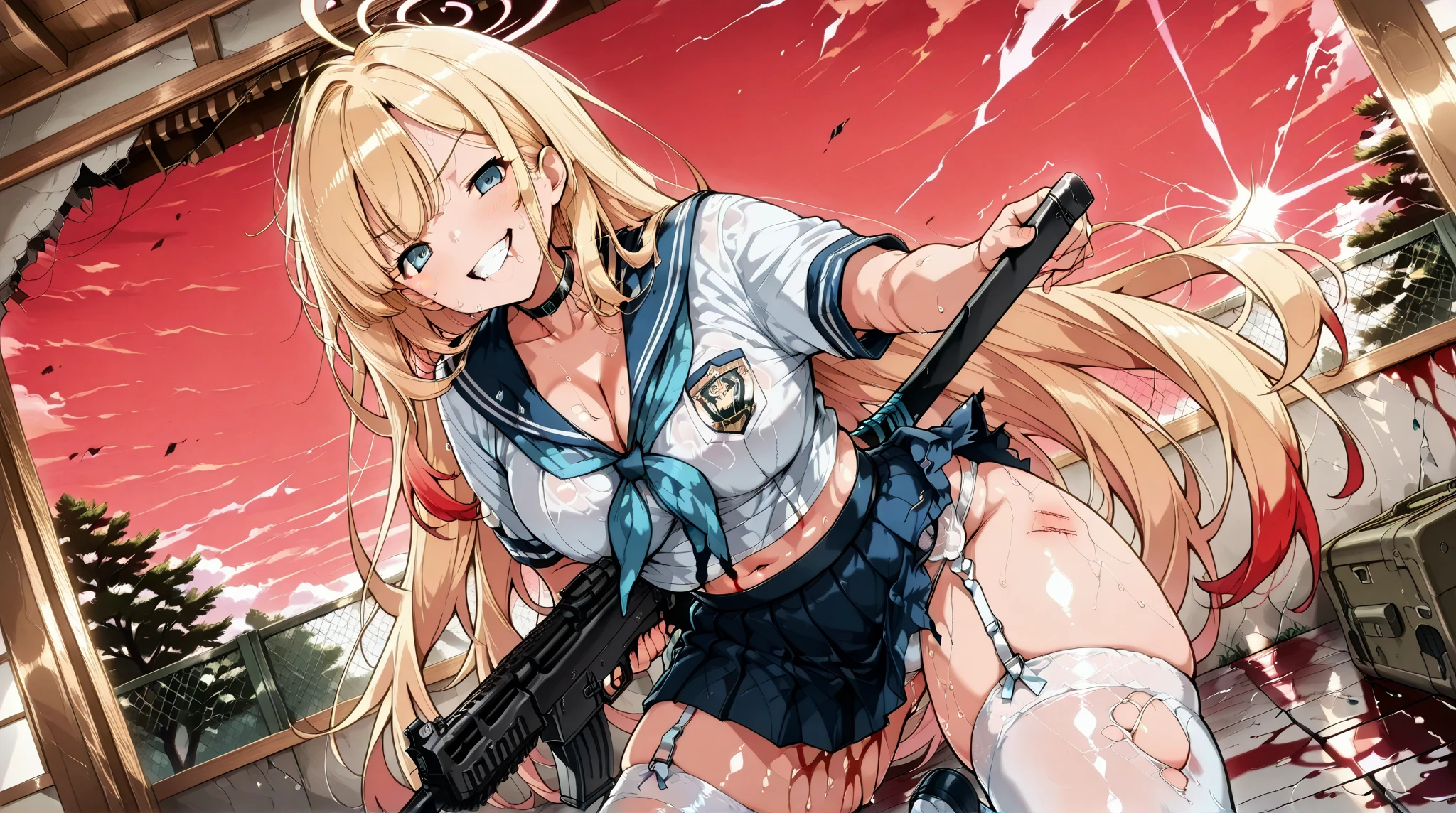 masterpiece、highest quality、Ultra-high resolution、Maximum resolution、Very detailed、Professional Lighting、anime、woman、thin、so beautiful、Bunny girl、Have a shotgun、Firing at enemies、Red Eye、Blonde、long hair、Fingerless gloves、Equipped with shooting glasses、Alone on the battlefield、Equipped with a large shield