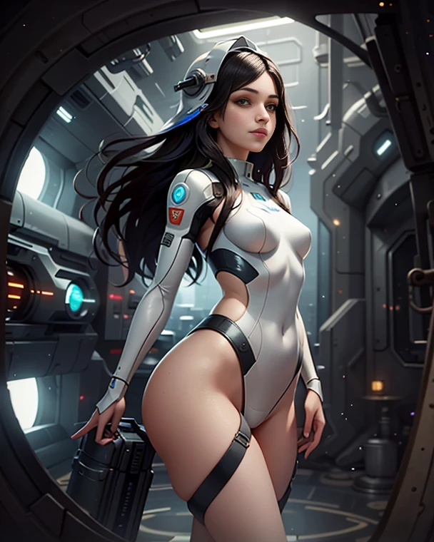 potrait a goth elf women, thick body, wear loose white astronot suit, fixing a rocket egine, engine room background