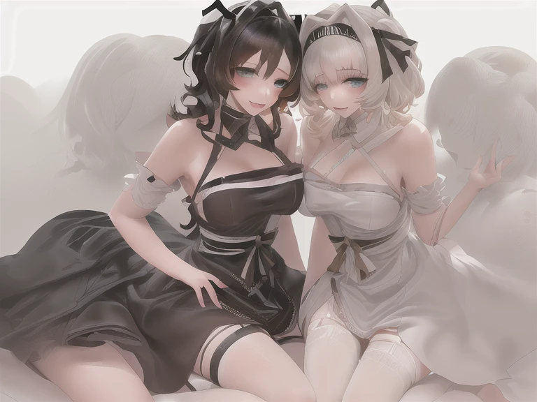 masterpiece, high resolution, high quality, NSFW, 2 girls, white prom dress, wedding, big breasts, cat ears, red eyes, black hair, ponytail, white prom dress, big breasts, cat ears, yellow eyes, white hair, twin tails,