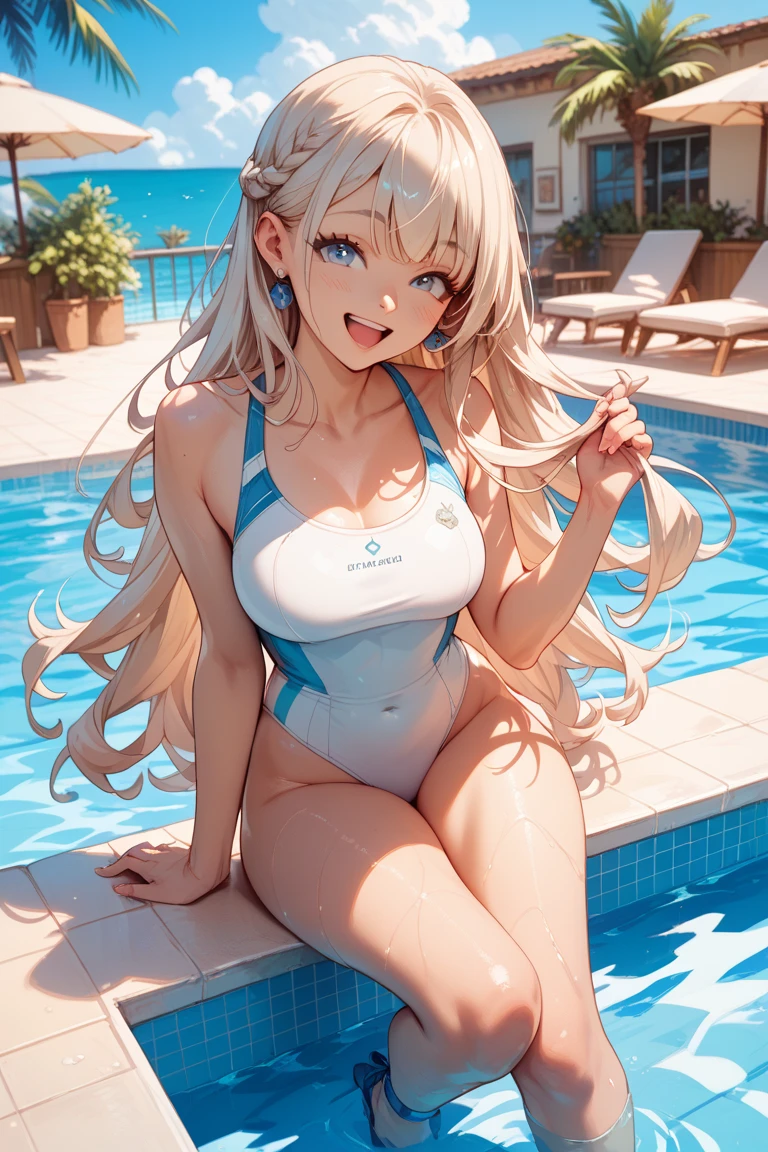 :d ai_generated bangs bead_bracelet blonde_hair blue_sky blue_swimsuit bracelet breasts covered_navel dark-skinned_female dark_skin day earrings female fence gyaru hair_ornament hairclip long_hair looking_at_viewer not_a_shark old_school_swimsuit one-piece_swimsuit open_mouth outdoors palm_tree pink_nails pool poolside school_swimsuit sitting smile smiling stable_diffusion tan tanline tongue_out