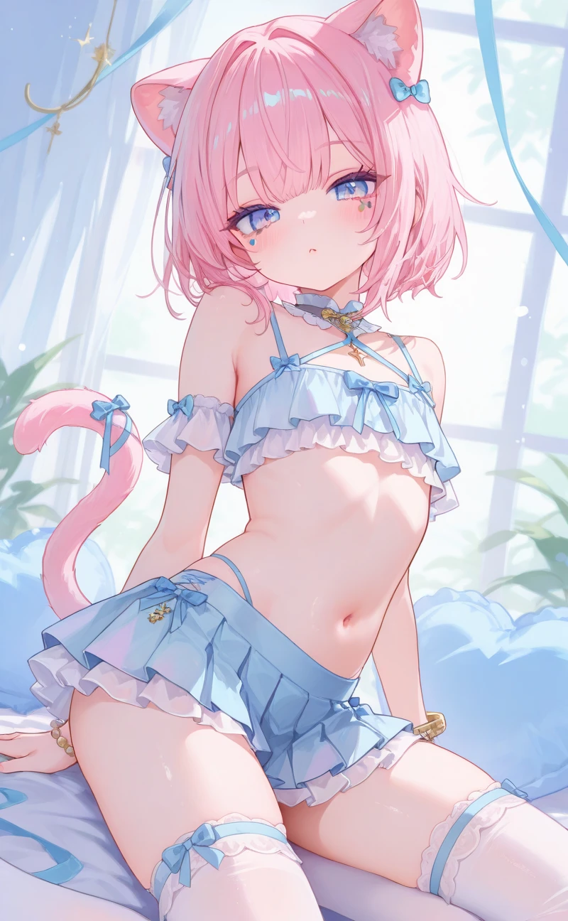 anklet,hairband,fang,soaked,yukata,cleavage,masterpiece, best quality, kawaii, ahoge, beautiful detailed eyes, aqua eyes, eyeball, cat_ears, medium breasts, bare legs, no legwear, wristband, loli, light blush, student, excited, seductive smile, nose blush , open mouth, on_stomach, armpits, leg_lift, tail