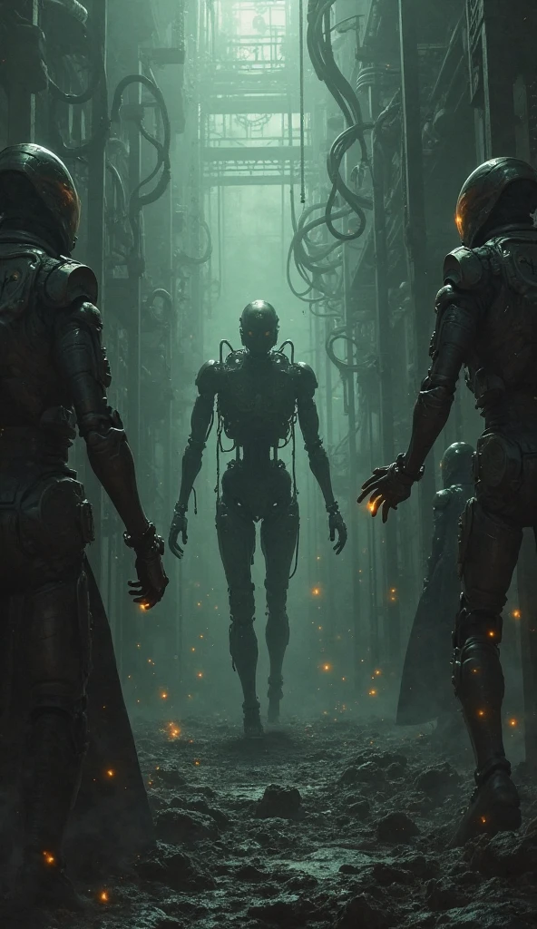 Generate an image that represents human evolution from homosapiens and fire to absolute dominance of robots as seen in Matrix