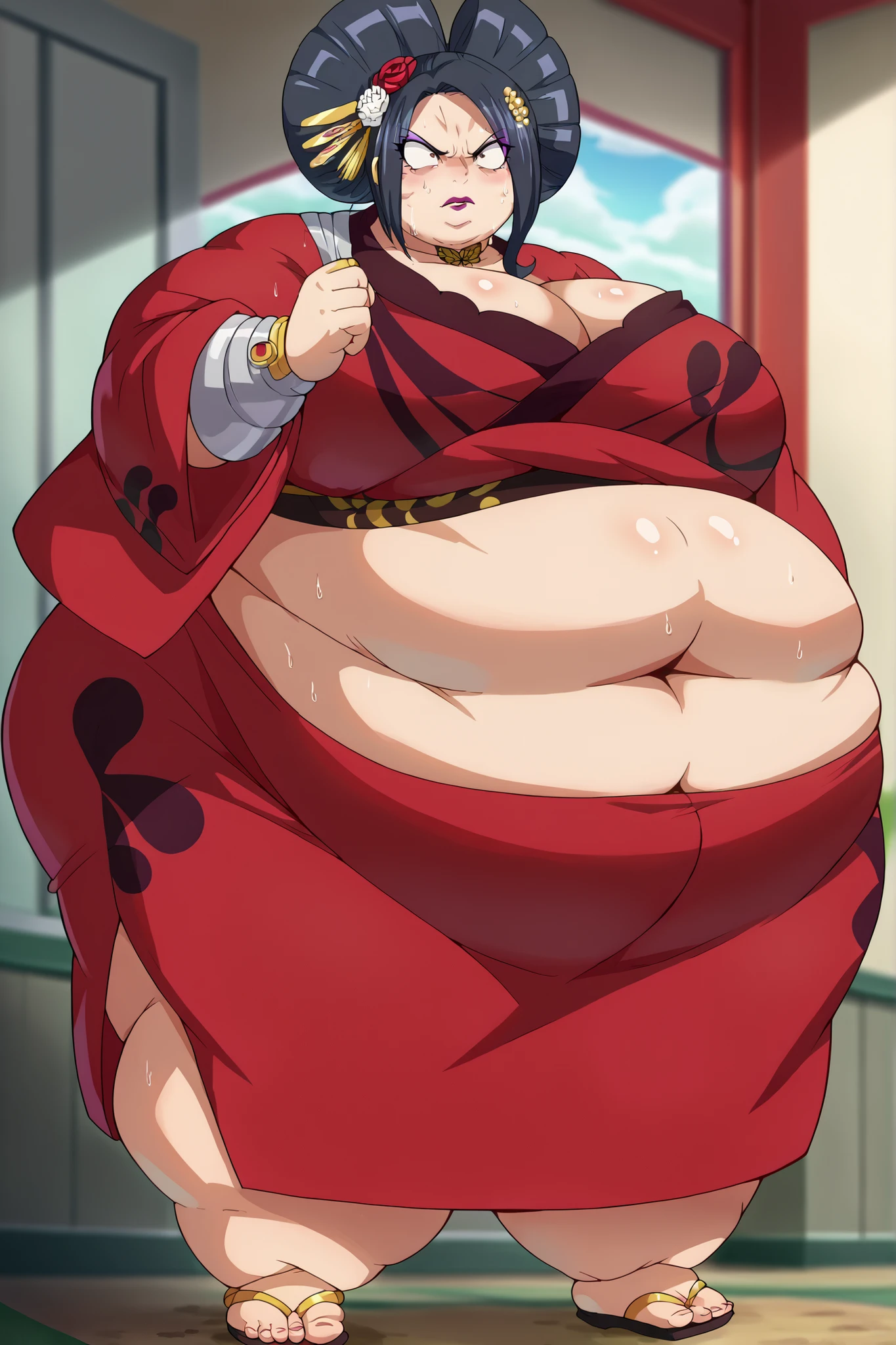 masterpiece, best quality, highres, hancock1, boa hancock, large breasts, big plump belly, ((massive belly)), ((full belly)), sweaty, juicy thighs, fat, mild, epaulettes, cape, crop top, side slit, cowboy shot, sitting,