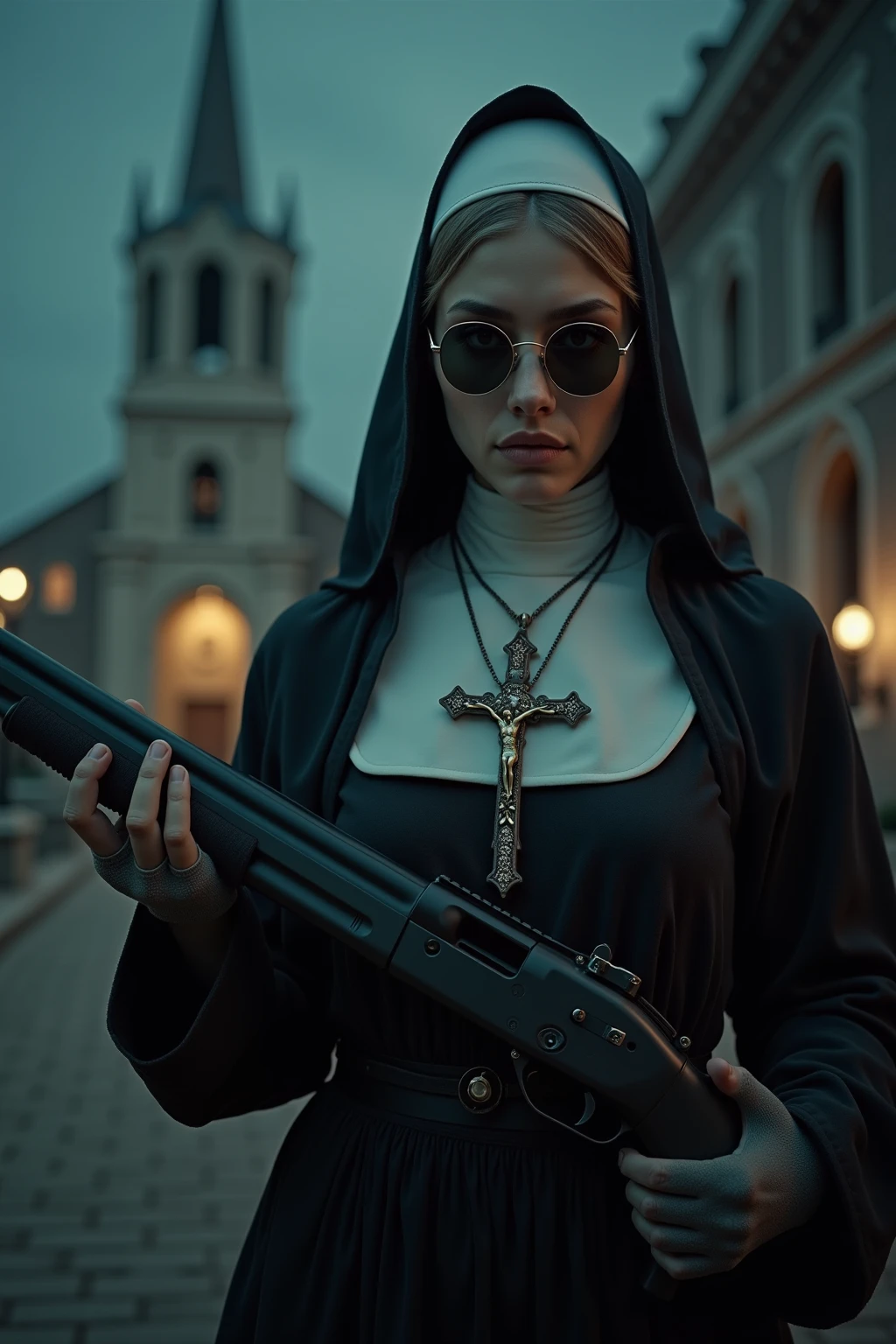 nun with gun and sunglasses smoking a cigarette, billie eilish as a nun, billie eilish as a sad nun, nun, nun fashion model, nun outfit, an evil nun, cyberpunk nun warrior, vampire nun, mercy from overwatch, as an overwatch character, overlord billie eilish, cosplay, professional cosplay, orthodox cyberpunk, realistic cosplay