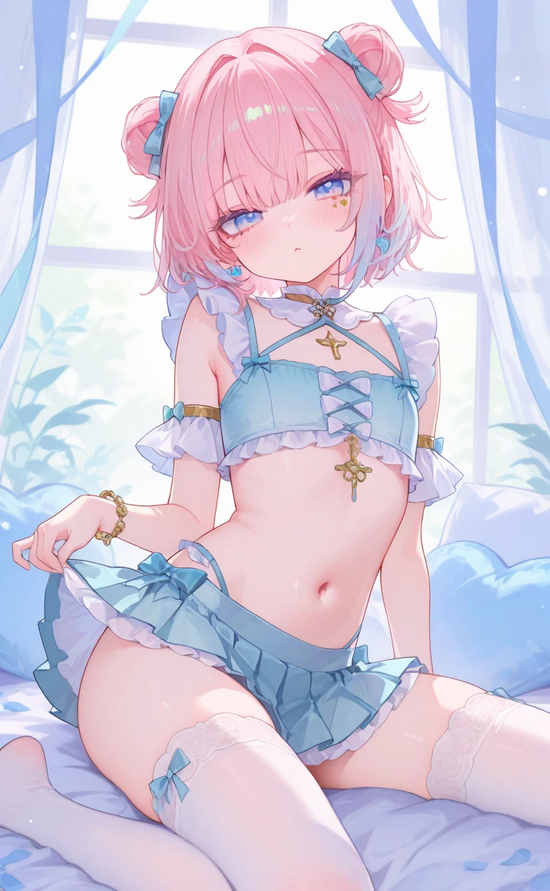 (8k、Best image quality、Highest quality、masterpiece)、Detailed face、((two :2))、Pink Hair、short hair、Wicked Smile、((Grin))、Earrings、、Cowboy Shot、Twin tails、Bright Blue Eyes、Wicked Smile、((Grin))、Earrings、((Small to large breasts Nipples))、Cowboy Shot ((Browsing Caution)) Cleavage、Off the shoulder、ストラップレス Nipples Lying on your back on the bed、Luxury Bedroom Background Spread your legs wide open_pussy Black knee socks naked Excited Heart Eyes Focus on the groin M-shaped feet