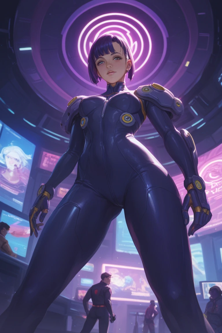 Woman in purple and black costume、Cute Exyrobutts、high quality colored sketch、Ultra-detailed color art、tracer in a skintight dress、full colored、artgerm、highly detailed exquisite fanart、Highly detailed and colored full-color illustrations、Spandex Suit