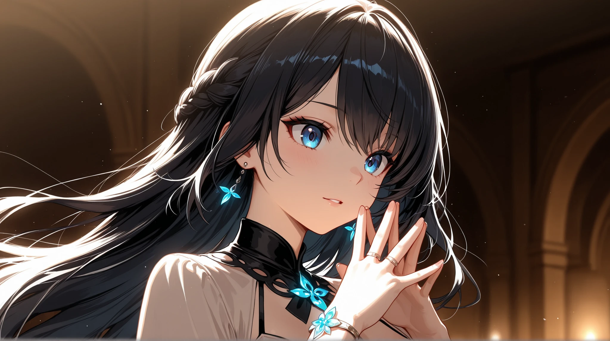 A beautiful anime-style woman with long flowing black hair, running her fingers through her hair. She has striking blue eyes and a soft, luminous complexion. Her head is slightly tilted as she gazes intently forward with a captivating, almost mysterious stare. The lighting is soft and atmospheric, adding a gentle glow to her face and hair. The background is subtle and blurred, keeping the focus on her expression and movement. She wears a light, elegant outfit that complements her graceful pose.