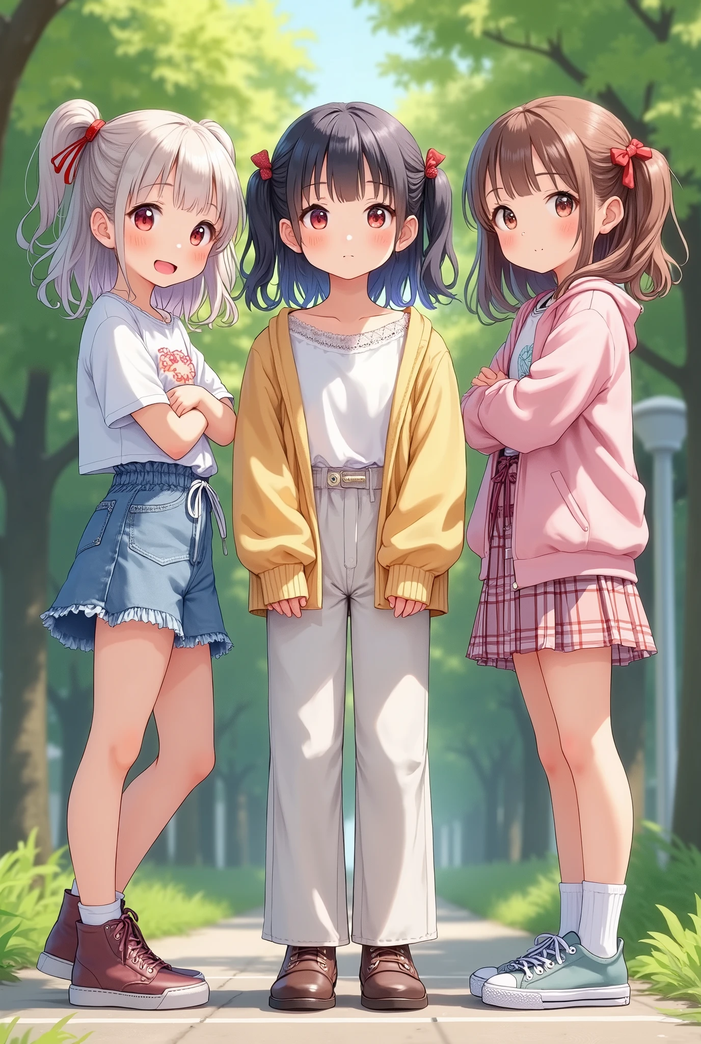 girls were sitting on the stone steps, take a full body photo、she was wearing a short sweatshirt, Vans sneakers, Red checked skirt、white sneakers, black hair, detached house, flowers,Happy girl with round faceies