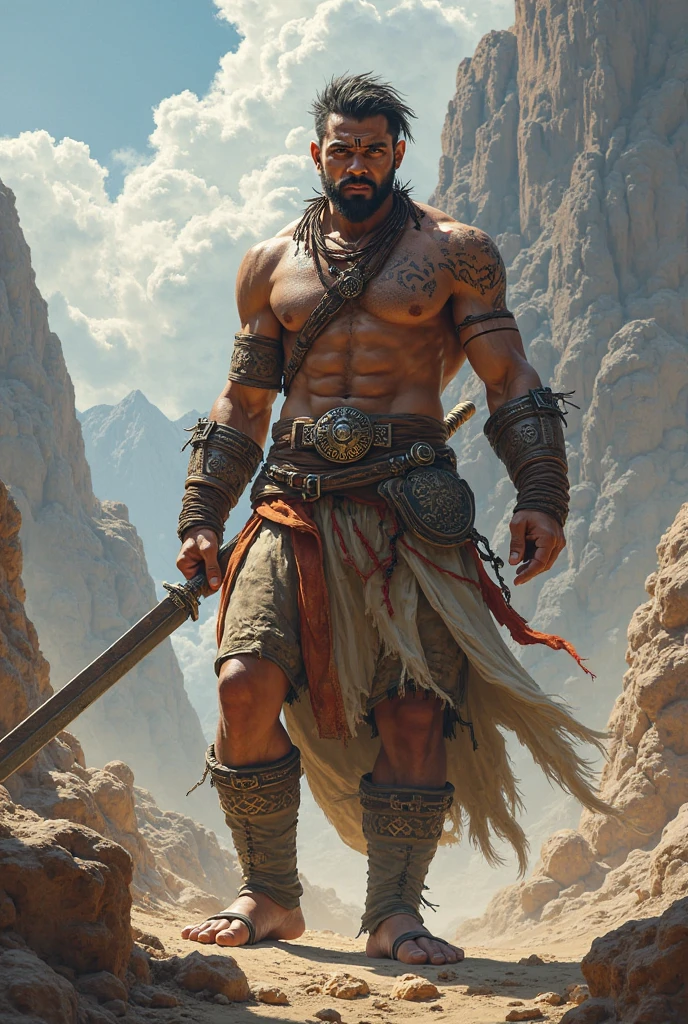 I would like a tall, muscular black man with a very defined physique. He has shaved hair, no beard, honey-colored eyes, tribal tattoos all over his body, and an exposed chest without a shirt. He wears a battle belt that holds up his pants, followed by long boots. I would like it to be in a mature style with fantasy and RPG elements set in the Old West.