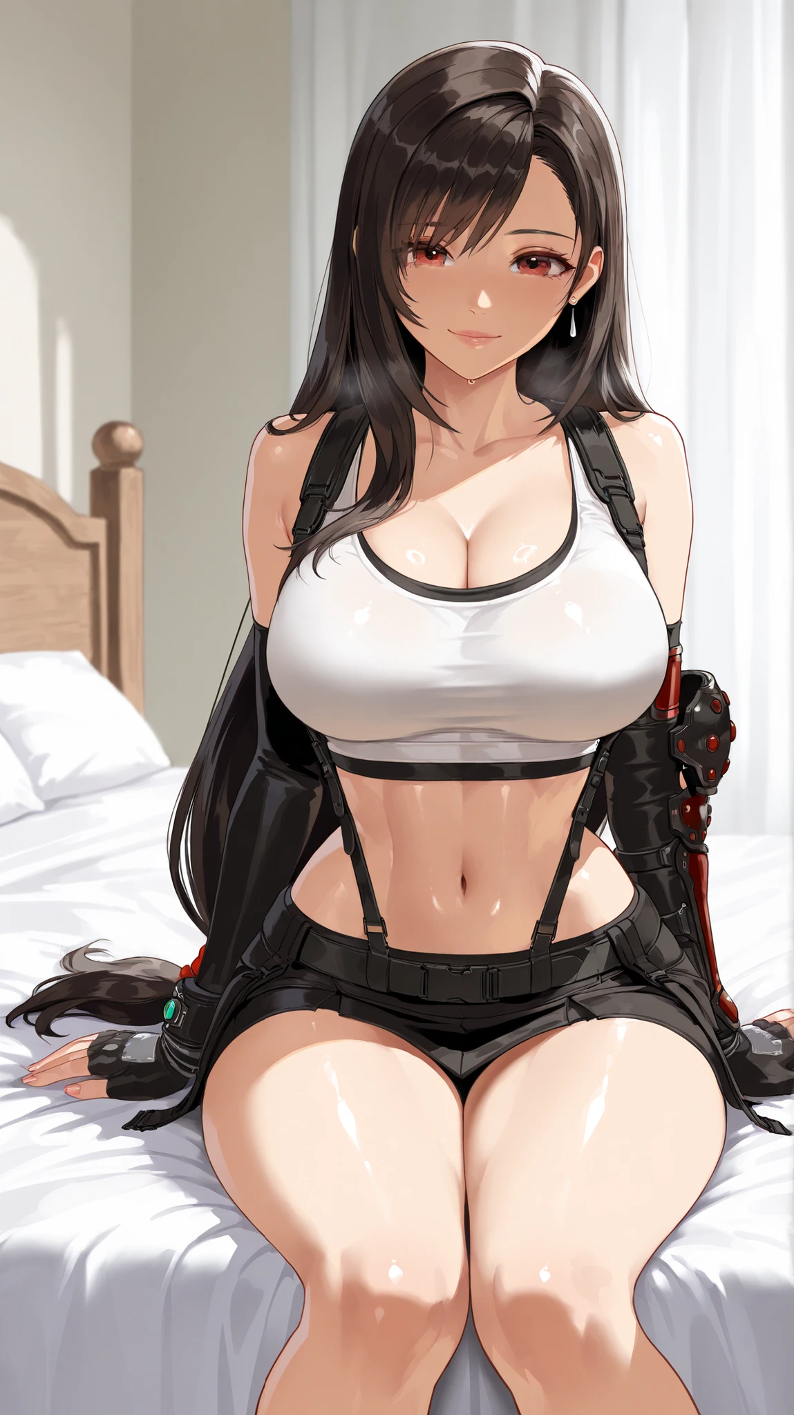 ,Open mouth, ,large breasts, BTPT-FC,wide hips,blush,,,,cowboy shot,wide hips,open mouth,,on bed,sweat,sitting,tifa（ff7）,ff7,curvy,wet body,red eyes,very long hair,black hair,,suspender skirt,brack skirt,crop top ,white tank top