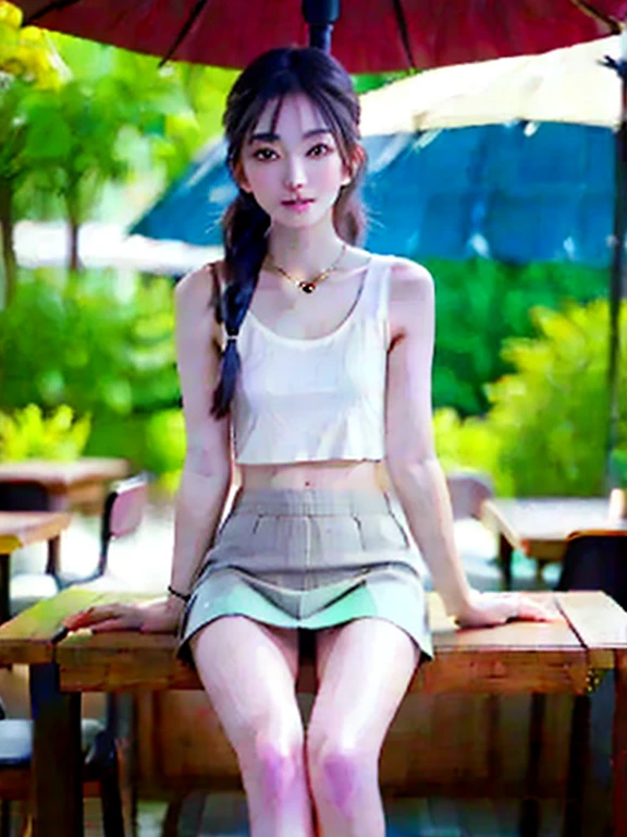 NSFW, 8K Raw photograph, best qualtiy, tmasterpiece, 超高分辨率, filmgrain, cinematic ligh, 1girll, looking at viewert, Natural skin texture, Realistic Eyes and Face Details, full pouty lips, lipsticks, (putting makeup on), Red eyeshadow, Short fluffy hair, messy hair, ssmile, Rejoice, beautifullegs, Tall women, being thin, Slim_Legs, 独奏, Brustwarzen, Pose with your hips facing you, Mini print silk skirt, hindquarters, Beautiful natural location, Location of flowers around, (detailedbackground) , Show a little through the shirt, Footwear, vague background, bblurry, halter,, short- sleeved, The ribbon is around the neck, JK ribbon, brown hair, bangle, Eau, By bangs, jewely, parted lip, cparted lips, From the side Side, Printed silk skirt, depth of fields,beachside,zona rural,Printed silk suspenders,are standing,