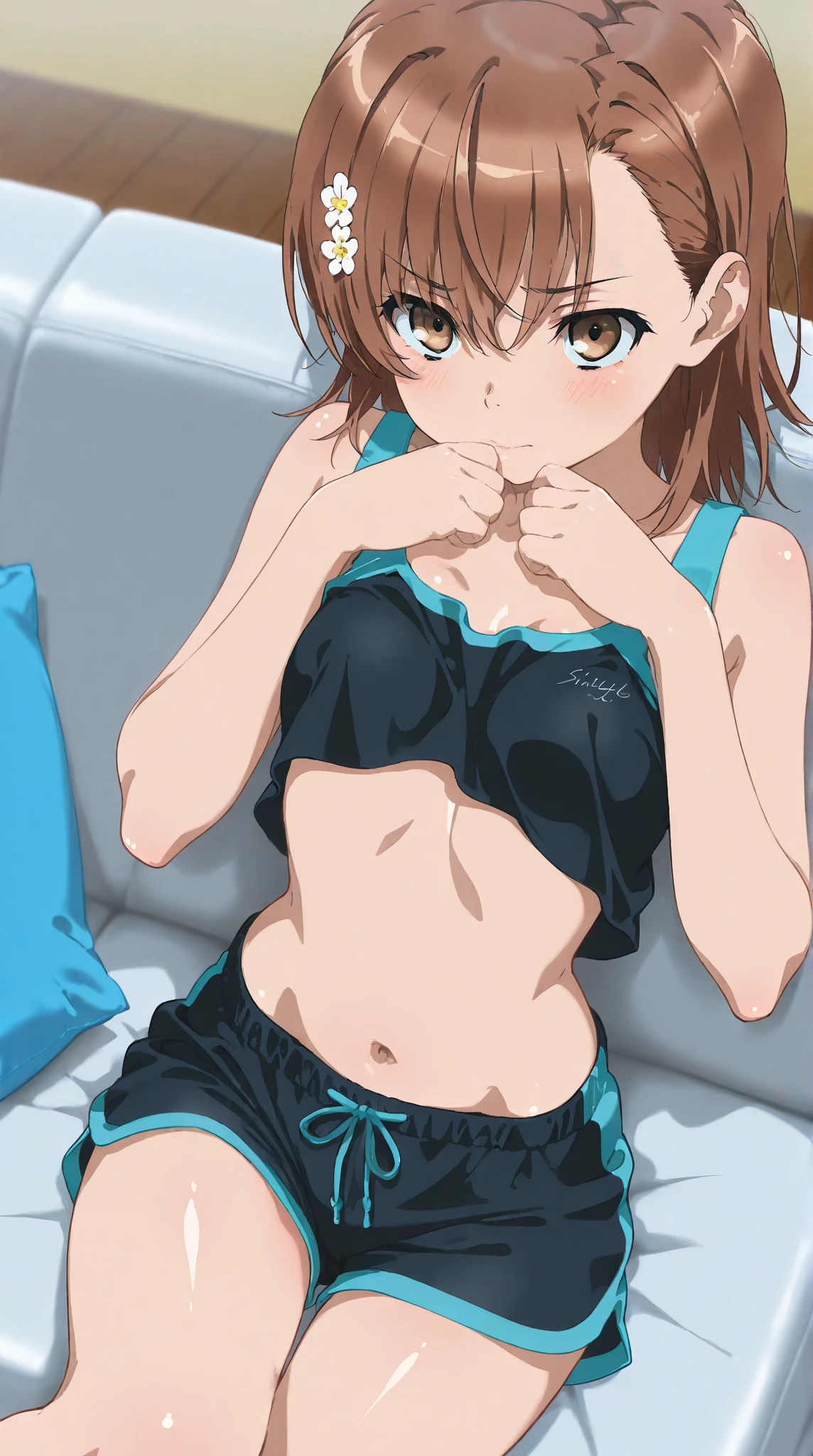 1 woman, Chie Satonaka (from persona 4, light brown short hair, white skin, brown eyes, strong fit body:1,2), green and yellow jacket, bra, bare shoulders, looking at the viewer, white socks and sneakers, lascivious, panties, ecchi, lying on the bed, arms up, armpit, wideshot, bare belly, blushing, sexy:1,5, tight wet bra and panties