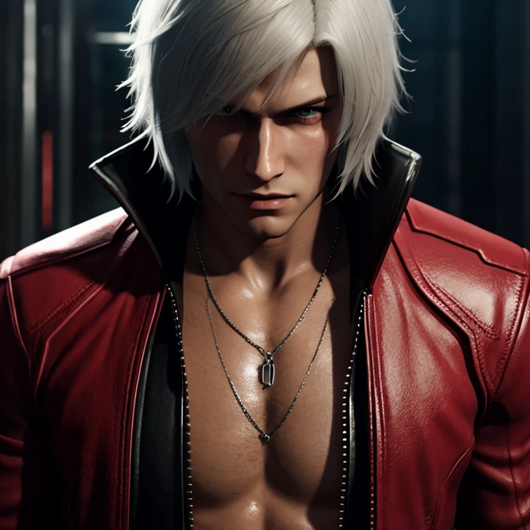 A man with gray hair and pale skin. l vampire. Red Fire in the Eyes of the Cruel Hero with the Katana Sword. pale skin. Dressed in a red shirt with a plunging neckline and black leather pants. On the chest is a pendant with a ruby. There is a tattoo on the body. Looks down. Nuclear explosion. Courage Challenge Power Danger Fire Dragon Moonrise Myth Hero Victor. A cigar in your teeth. fangs.  cold gaze