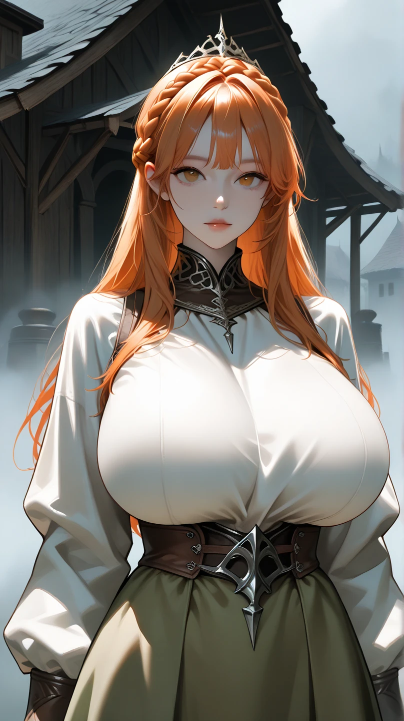 Nipples, Medium tits, masterpiece, (photorealistic:1.4), best quality, beautiful lighting, big witch hat, cleavage, admiral long coat, shoulder badge, (ulzzang-6500:0.5), makima \(chainsaw man\), (red hair)+(single long braided hair)+(bangs), yellow eyes, golden eyes, ((ringed eyes)), (white shirt), RAW photo, 8k uhd, film grain, at castle, mediavel, closeup