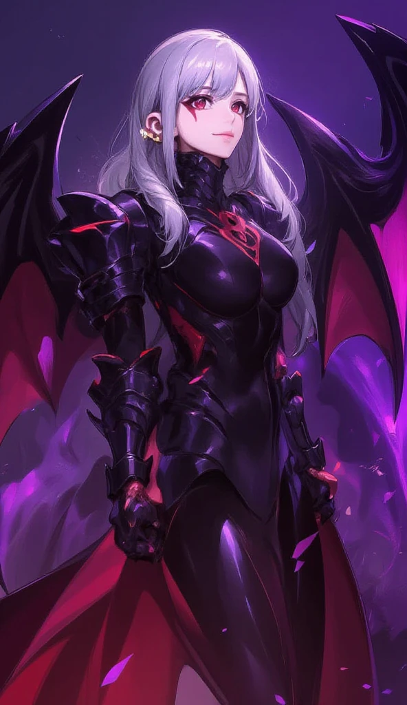 8k_wallpaper, extremely detailed eyes, extremely detailed body, (large masterpiece digital art), (detailed manga illustration), (detailed line art), ((perfect anatomy)), (intricate details:1.3), (ultra-detailed:1.3), (illustration:1.3), (sharp focus:1.3), (natural lighting:1.05), (vivid colors:1.3), (masterpiece), (best quality:1.4), (perfect anatomy:1.4), high quality, expressive eyes, full body, detailed face, beautiful face, perfect face, 1girl, (red skin), black sclera, smile, colored sclera, breasts, solo, monster girl, white hair, demon, wings, tail, boots, thighhighs, eyes, glowing, burning, explosionmagic, smoke, excessive energy, full armor, (armor), helmet, heavy armor, halberd