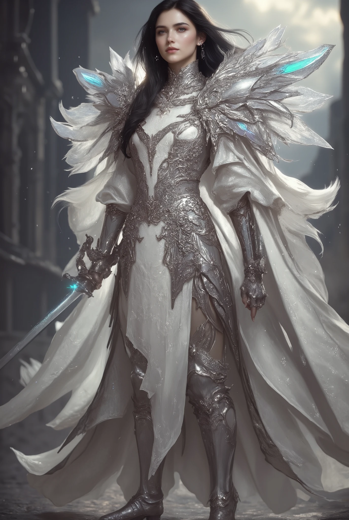 A majestic and muscular female knight standing tall at 180cm, with a statuesque, athletic build and commanding presence — wearing radiant pearl-white full plate armor with elegant silver filigree and subtle iridescent sheen, her long dark hair flowing behind her in the wind, piercing eyes filled with strength and compassion, her armor reflecting soft ambient light, standing on a stone battlefield or holy temple steps, a massive sword resting at her side, cape fluttering behind her, inspired by heroic fantasy realism and female warrior iconography, high-detail character portrait, painterly textures, powerful and noble presence