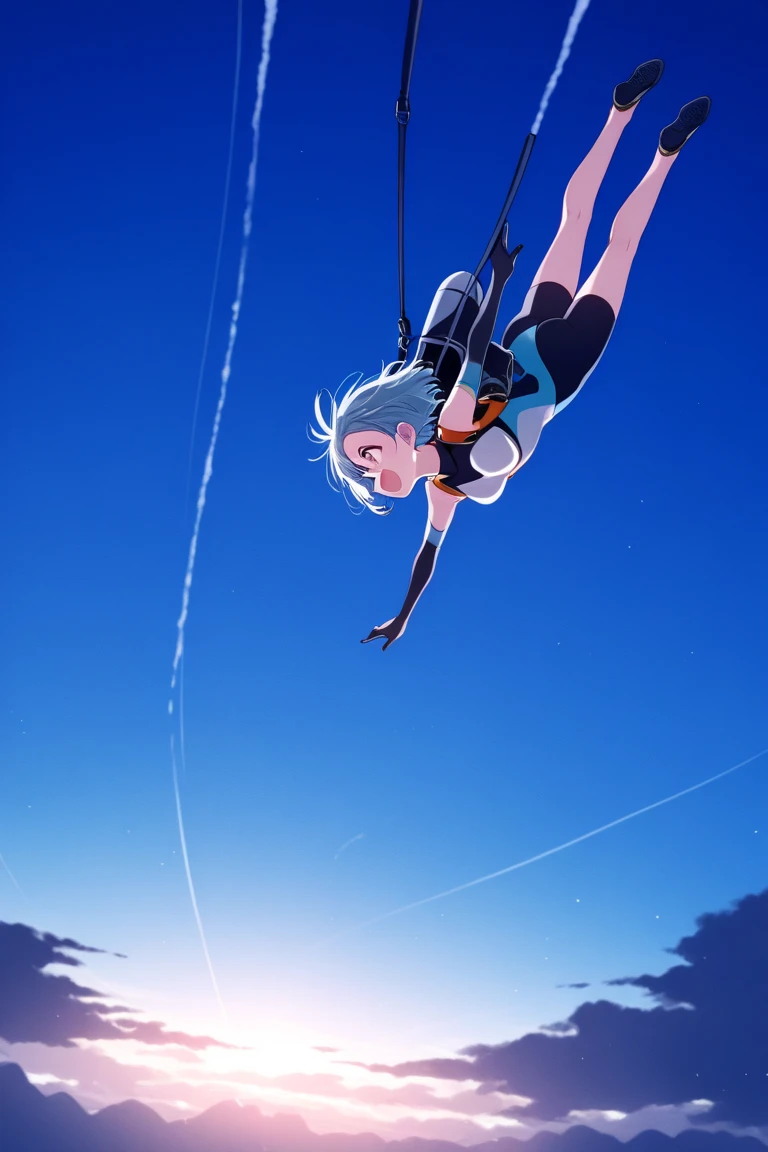 (Looking up at the blue sky:1.3), Ocean, sun, Angle looking up from below, (Girl wearing a T-shirt over a bikini:1.1), (big lauth:1.3), (detailed closed eye:1.3), (Back view:1.3), ponytail, Spread your arms and take a big jump, split knees, Jumping with bent legs, barefoot, arch her back, Uplifting, Disheveled Hair, Tie the bottom of your T-shirt, Wind, Hold down the straw hat, correct left and right hands