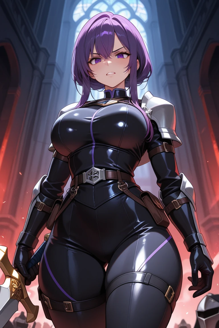 (1woman),(alone),**Lady Nagant**,(My Hero Academia),My Hero Academia,Kaina Tatsumi, Full body portrait from top to bottom:1.5),is a tall, slender woman with long, purple hair that reaches her waist. Its eyes are sharp and purple in color, highlighting your determined expression. She wears a dark blue heroine uniform with silver details., including light armor that covers your chest and shoulders. His arms are partially cybernetic, displaying metallic components that indicate their special abilities. She wears high boots and gloves that complement her warrior look.. His gaze is intense, reflecting both his strength and his complex past.(dressing),+,(Imagine a stunning, erotic twist on the traditional Mrs.. Noel for a provocative Christmas cosplay. Start with a long velvet dress in a rich crimson red hue, reminiscent of Santa's iconic suit. The fitted bodice should feature intricate gold embroidery that resembles festive holly leaves, with a plunging neckline that shows off ample cleavage. A wide satin sash cinches the waist, accentuating your curves before flowing into a dramatic pleated skirt. Add some tempting touches, like sheer thigh-high stockings in a deep berry shade, supported by garter belts adorned with small bells. A pair of patent leather knee-high boots completes the look., its elegant black surface contrasting beautifully with the vibrant red dress. For a finishing touch, Incorporate some fun and mischievous elements - perhaps a little Santa hat dangling from the top of your head or a sprig of mistletoe cleverly hidden inside your cleavage. The overall effect should be a sultry, seductive take on classic vacation attire., perfect for offering sensual surprises under the mistletoe this Christmas season.)