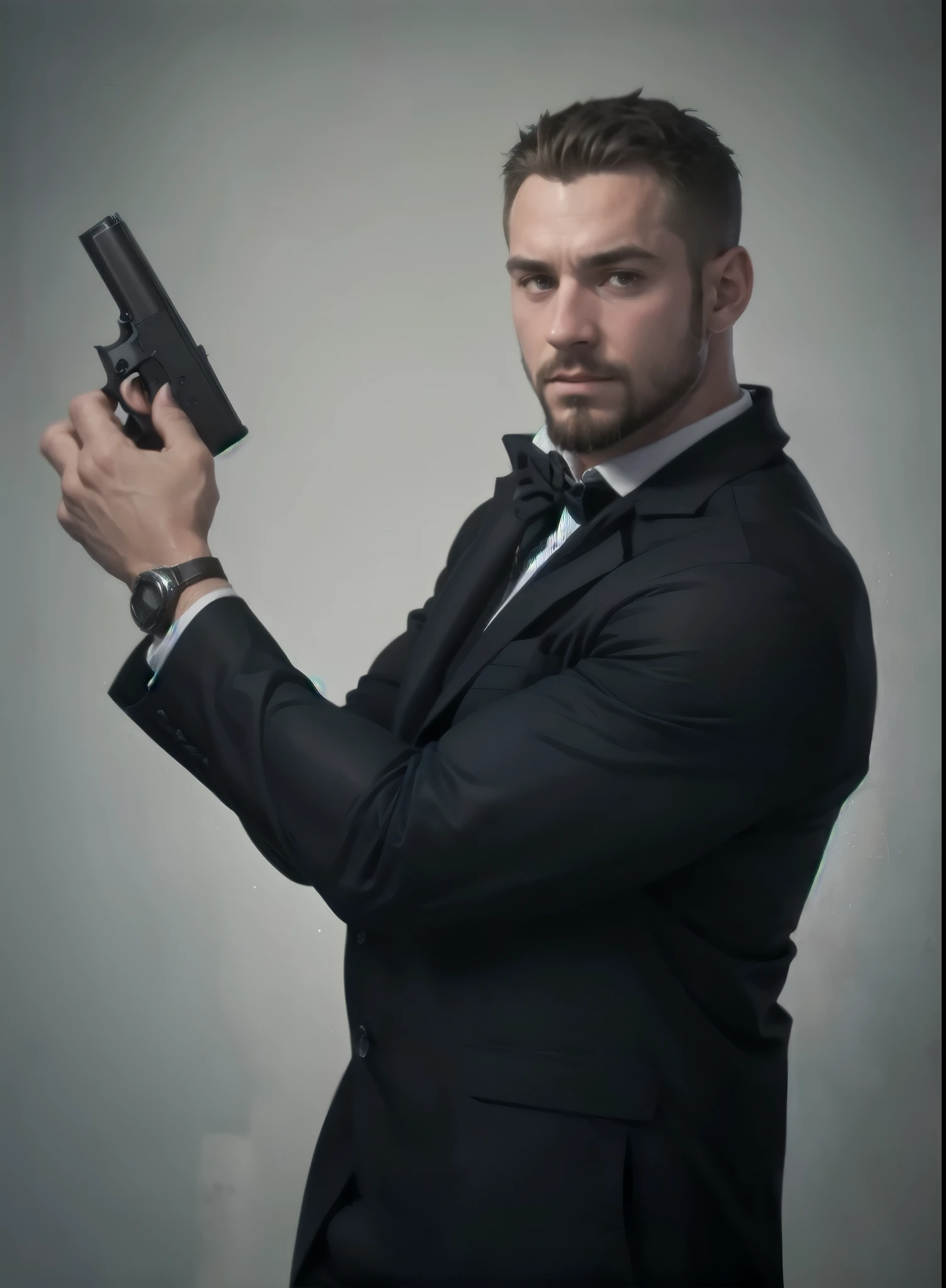 Hd quality, 8k, ultra realistic skin, big muscle, chubby fat, big breast, huge pecs, female breast, beard, big body, big dick, man handling a gun