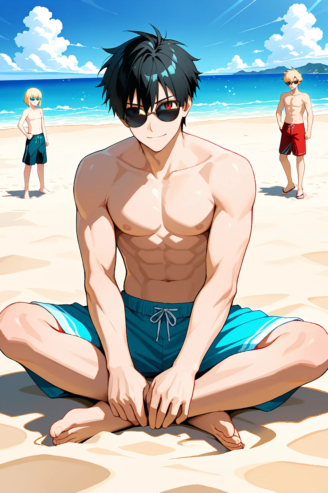(masterpiece, highest quality, super detailed) , ,(Three boys:1.8),),  (Poolside:1.4), ) ,many men, , short hair, , (swimsuit:1.3), , , landscape, リアルなswimsuit, (anime:1.2),  (swollen crotch:1.5), Topless, (shota:1.5) little boy, ,  standing posture, trunks, full body, yellow eyes,blue hair, barefoot, 