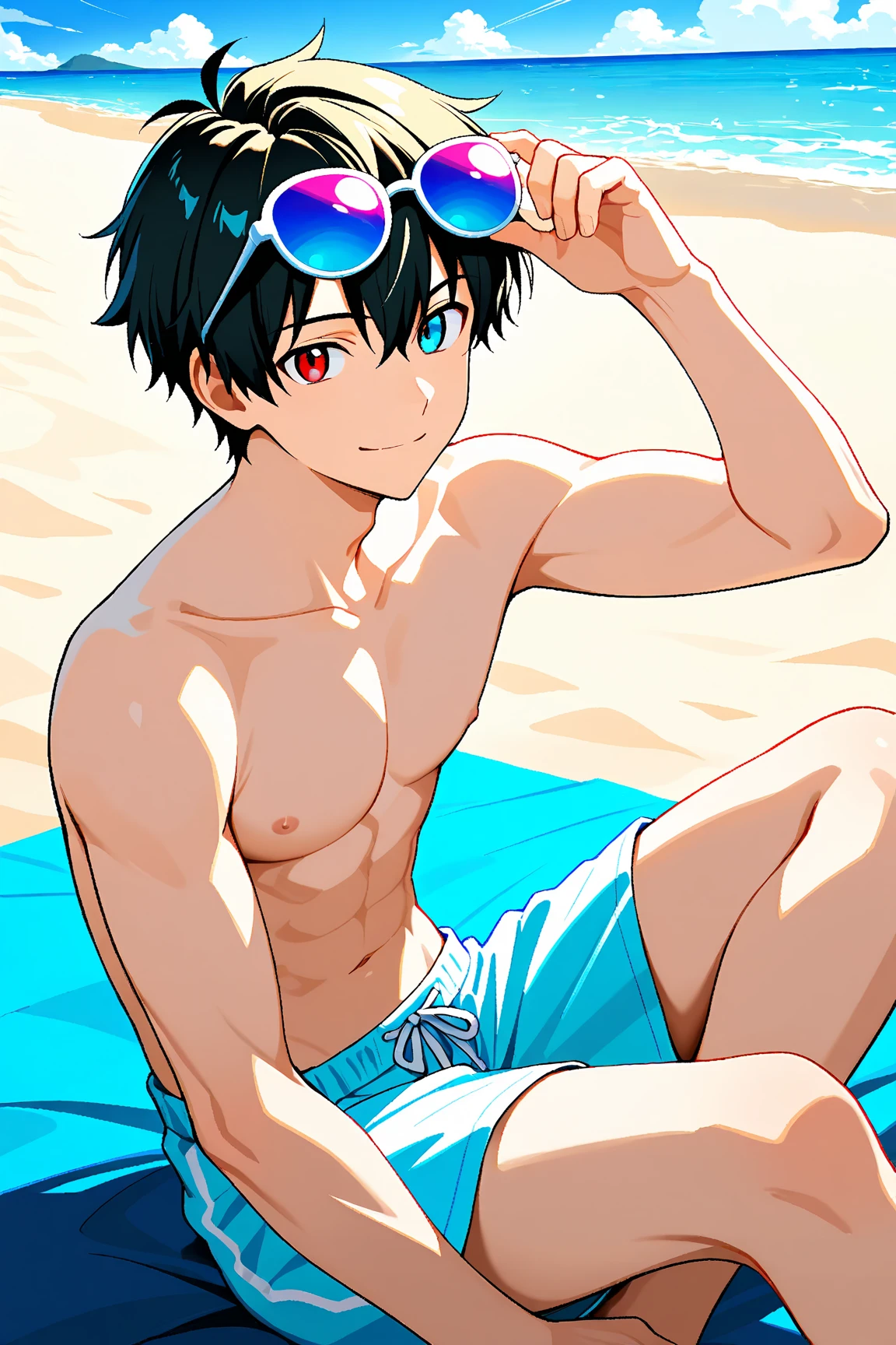 Handsome Japanese male models Short cut Slim figure barefoot smile looking at the camera soaked Ocean Bright blue tight-fitting spats-type swimwear sit Topless