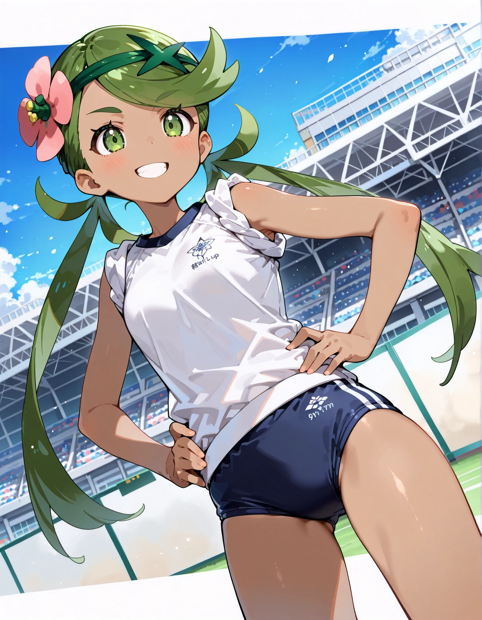 score_9, score_8_up, score_7_up, source_anime,dutch angle, absurdres,1girl,solo,mallow, long hair, bangs, hair ornament, twintails, green eyes, flower, green hair, hair flower, dark skin, dark-skinned female, swept bangs, mallow (pokemon),grin,(white gym shirt,sleeves rolled up,gym uniform,dark blue buruma:1.3),bare shoulders,bare arms,sleeves rolled up,hands on hips,