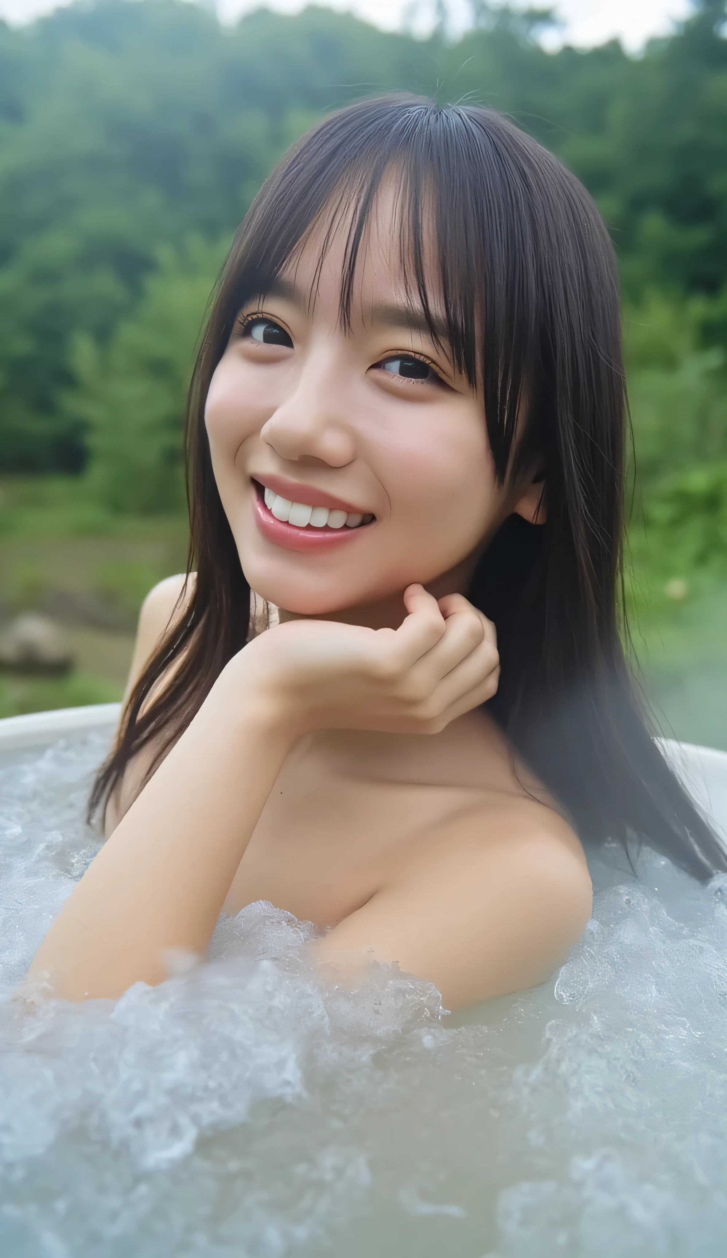 Smiling face、1 person、 (( Best Quality 、masterpiece、、 Ultra High Resolution、 winning work )、( naked girls:1.8)、( accurate anatomy:1.Nestled in a hot spring:1.2)、( look at me and laugh :1.1)、 Ultra High Resolution for bright and fair skin、The most detailed face、 Ultra High Resolution detailed face、 Ultra High Resolutionの髪の毛、 Ultra High Resolutionの煌めく瞳、 perfect figure with tight waist、( blurry background:1.1)、 very bright and vibrant、 Beautiful Faces of Japanese Actresses 、( The hot springs, which are depicted in every detail, are blessed with nature , Deep in an Unexplored Mountain :1.1)、Perfect and accurate onsen、(White thick fog:1.2)、Hot spring steam 、 completely naked:1.6、 big breasts、Nipples:1.eems comfortable、orgasm