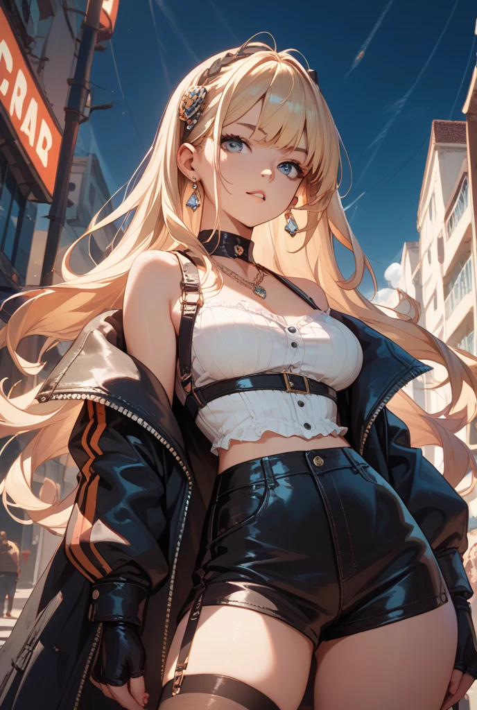 A young woman, female, girl, lady, chic, trendy, stylish, fashion-forward, contemporary, modern, with a sense of flair and sophistication. She exudes confidence and charisma, radiating an aura of elegance and grace. Her age is up to your discretion, whether she's in her twenties, thirties, or beyond. 

Her hair, whether it be long, short, curly, straight, blonde, brunette, red, or any other color, is meticulously styled to perfection, framing her face in a flattering manner. Her eyes, sparkling, mesmerizing, captivating, draw you in with their depth and intensity. 

Adorned in a fashionable outfit, she effortlessly combines pieces to create a look that is both eye-catching and individualistic. Perhaps she wears a sleek dress that accentuates her figure, or maybe she opts for a trendy ensemble of high-waisted pants and a crop top. 

Her accessories, be they jewelry, handbags, or sunglasses, are carefully selected to complement her outfit and add a touch of glamor. Her makeup, flawlessly applied, enhances her natural beauty, emphasizing her features without overpowering them.

In the background, set against a backdrop of urban sophistication or natural beauty, she stands with poise and confidence, owning the scene with her presence. 

The image should be of high quality, 8k resolution, ensuring every detail is crisp and clear, allowing the viewer to appreciate the beauty and intricacy of the character's appearance.